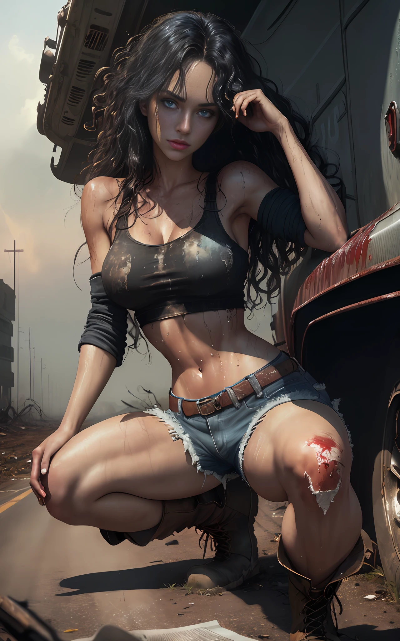 (beautiful and bold woman, seductive and attractive, blue eyes, pointed breasts, long curly black hair, sweaty body, short shorts, boot, thick legs). (deserted road, dirt road, blood, smoke, abandoned cars, newspapers, abandoned objects, bodies lying on the ground, abandoned road, apocalyptic scenery, cinematic effect), (Best quality, masterpiece, depth of field, Full HD, 4K, richness of detail). Portrait style