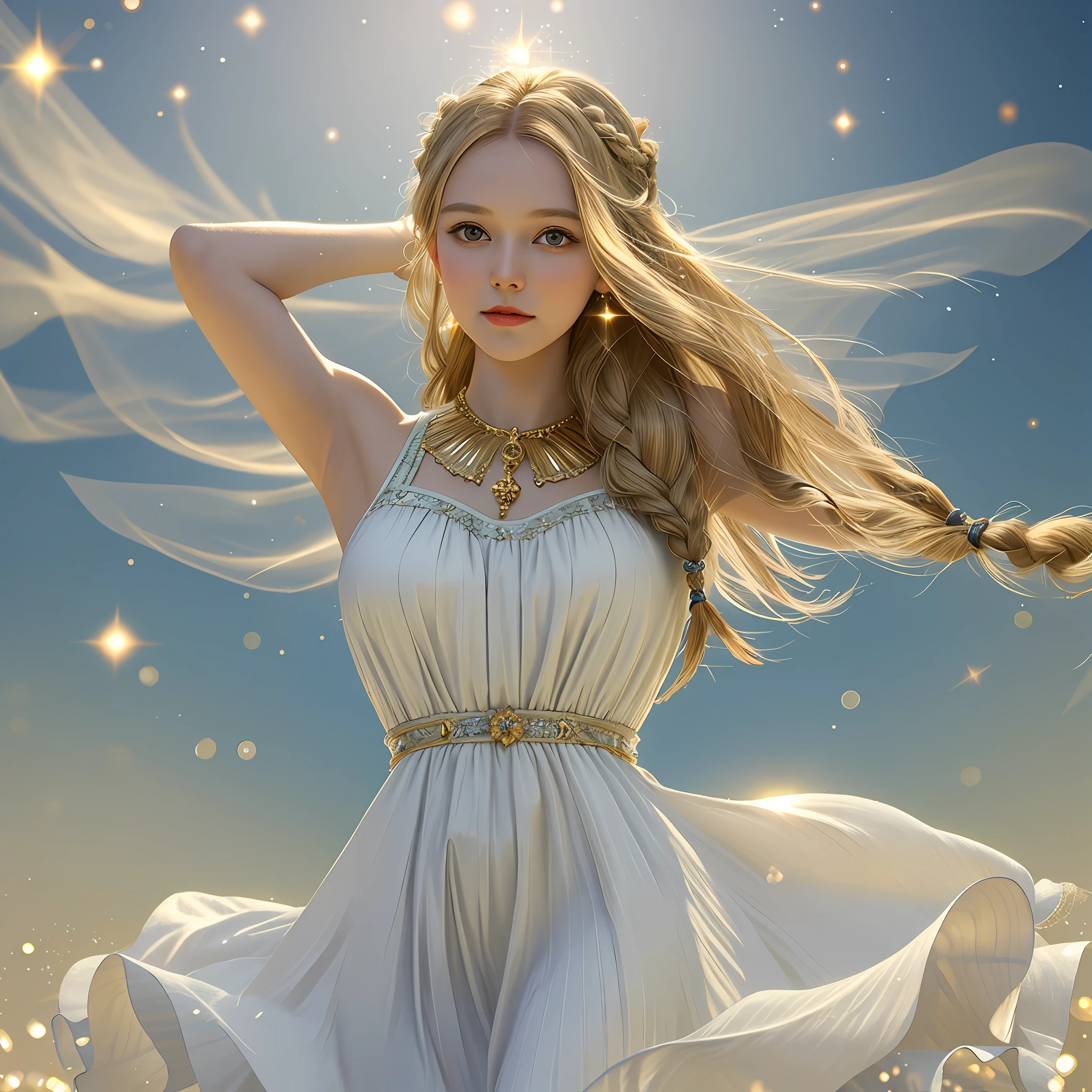 best quality, masterpiece, upper body,
(adult:1.6) hungarian woman, (smirk:0.4), arms behind head,
braided golden hair,
sparkling eyes,
victorian sundress,
floating light particles, centered,