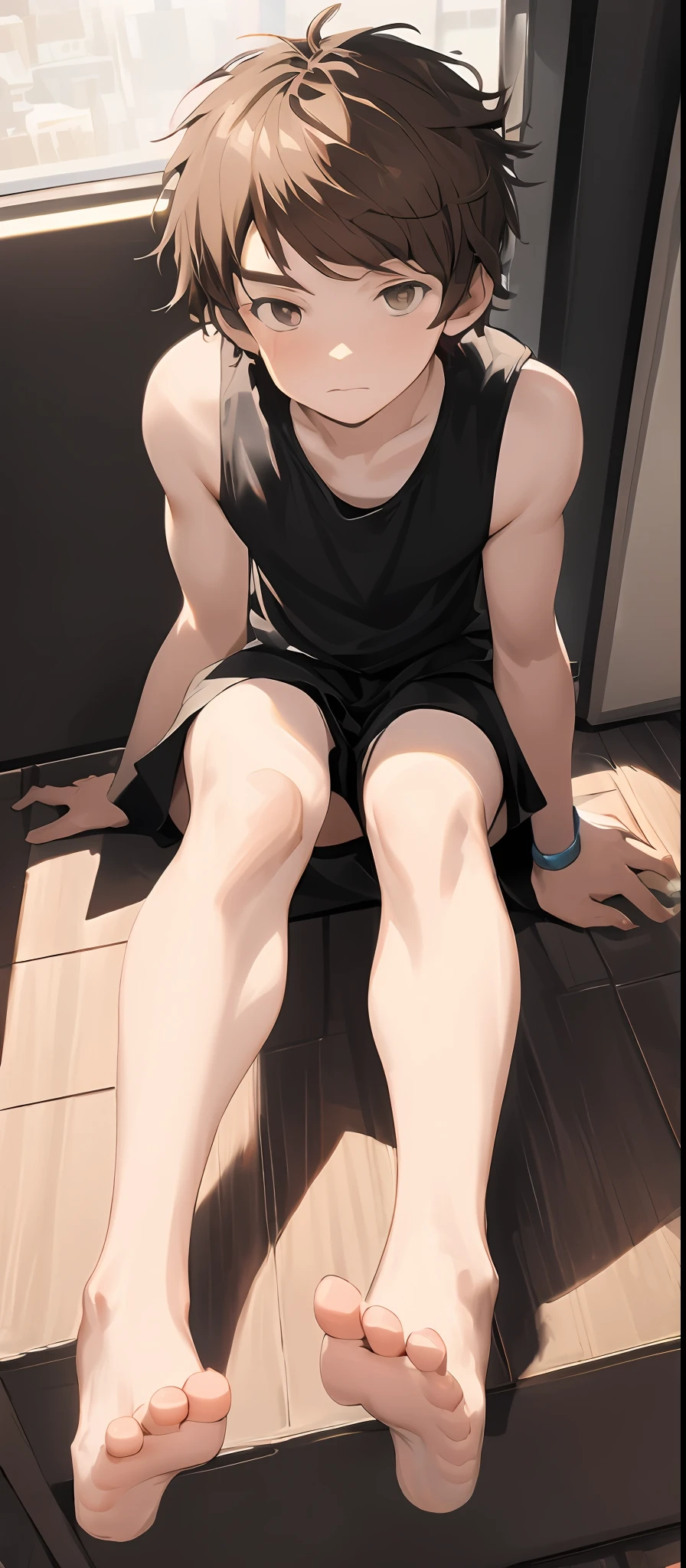 (Masterpiece, best quality), 1 boy, barefoot, short hair, brunette hair, show feet, , no muscles, 18 year old boy, blush, sitting, sexy
