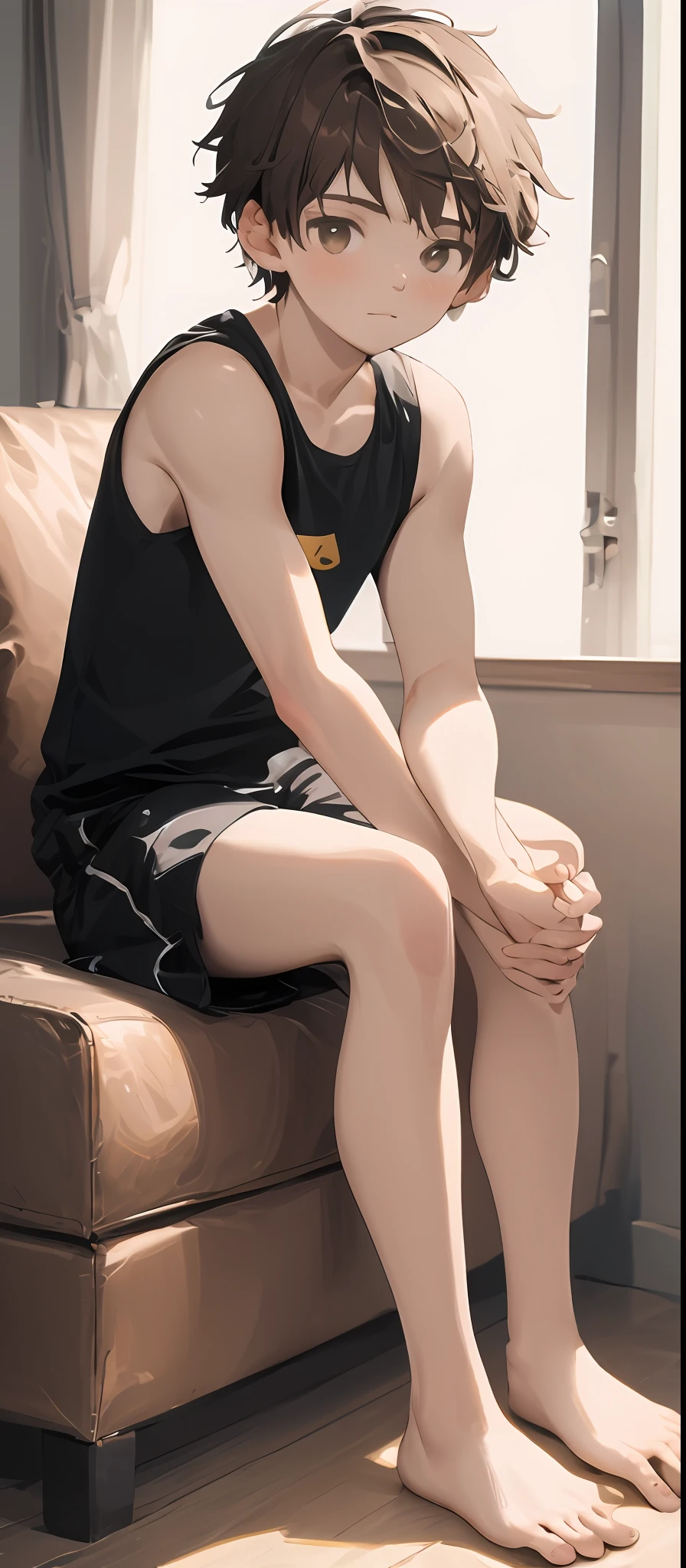 (Masterpiece, best quality), 1 boy, barefoot, short hair, brunette hair, show feet, teen, no muscles, 18 year old boy, blush, sitting, sexy