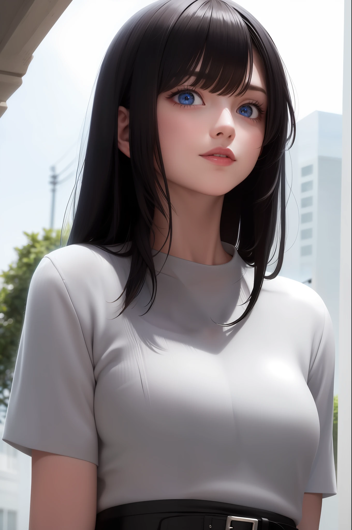 best quality, masterpiece, black hair, blue eyes, looking up, upper body