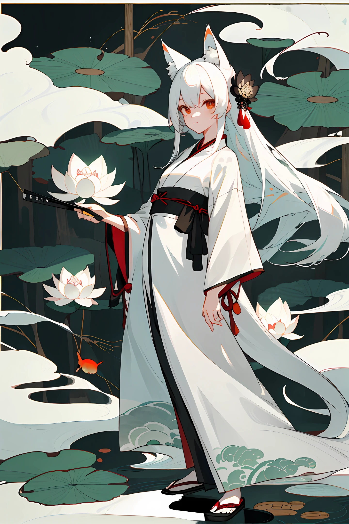 ((4k,masterpiece,best quality)), shuimobysim, traditional chinese ink painting, lotus,  hanfu, maxiskit, dress conservatively
1 girl, solo, white hair, long hair, fox ears, white, bikini, fish, many fish near girl, look at viewer, tease