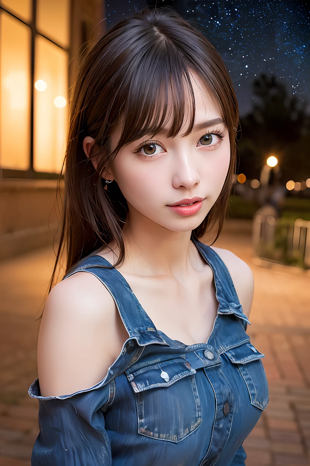 best quality, masterpiece, ultra high res, 8K, raw, (photo realistic:1.4), professional lighting, low angle, (detailed background:1.5), starry sky, slender, dynamic pose, night, 1 girl, cute, smile, big black eyes, long eyelashes, open mouth, tiny breasts, medium hair, short bangs, detailed clothes, halterneck, wide denim pants