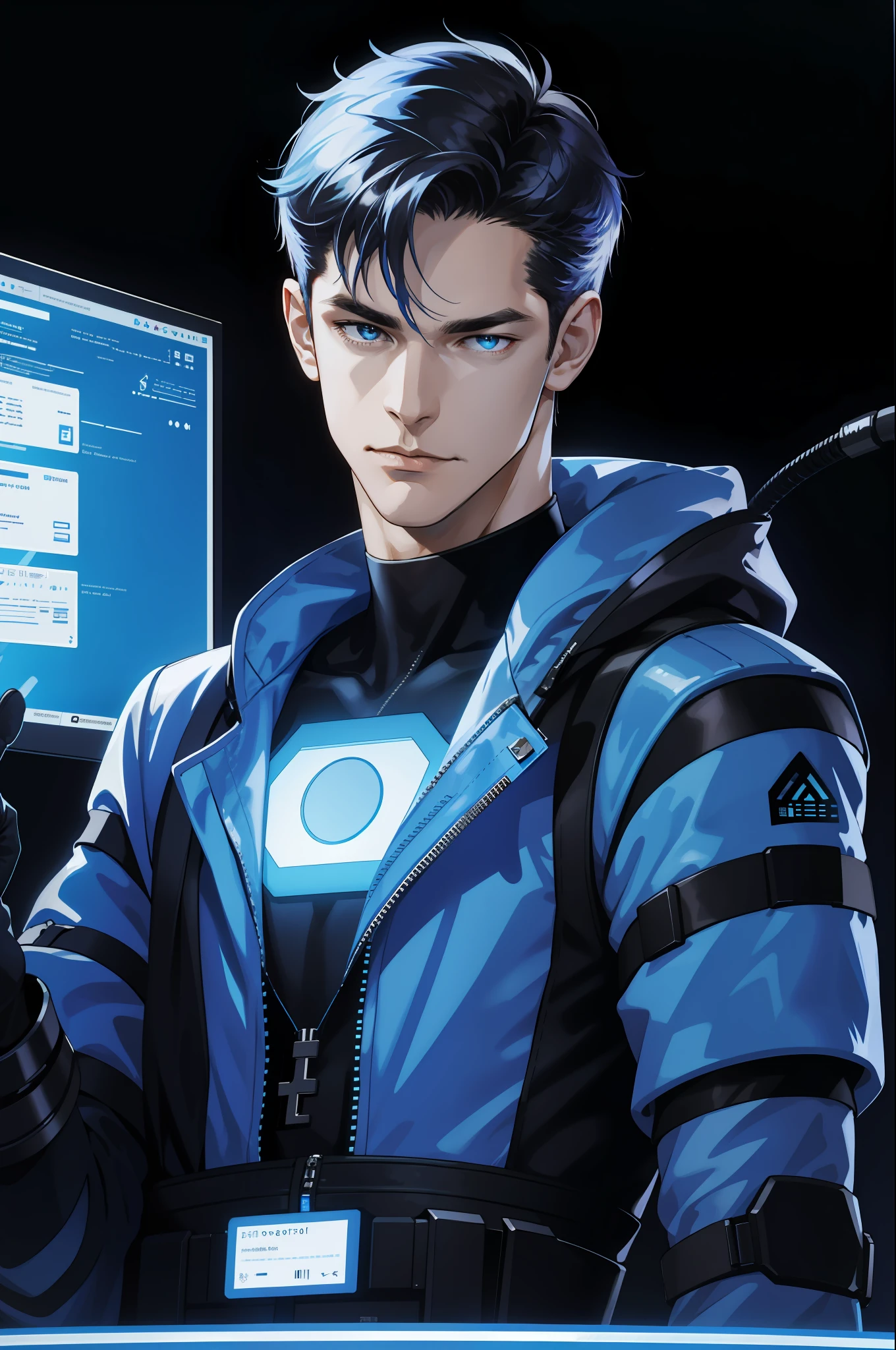 (Ridiculous, high resolution, super detailed), 1 handsome mature male, tall and muscular, delicate eye detail, solo portrait, half shot, detailed background, complex face details (1980s synth wave theme: 1.1), hacker image, fashion tech outfit, wearables, key cards, cables, holographic display (1.05), dark sinister atmosphere, shadows, computer cryptographic device control system, blue light.
