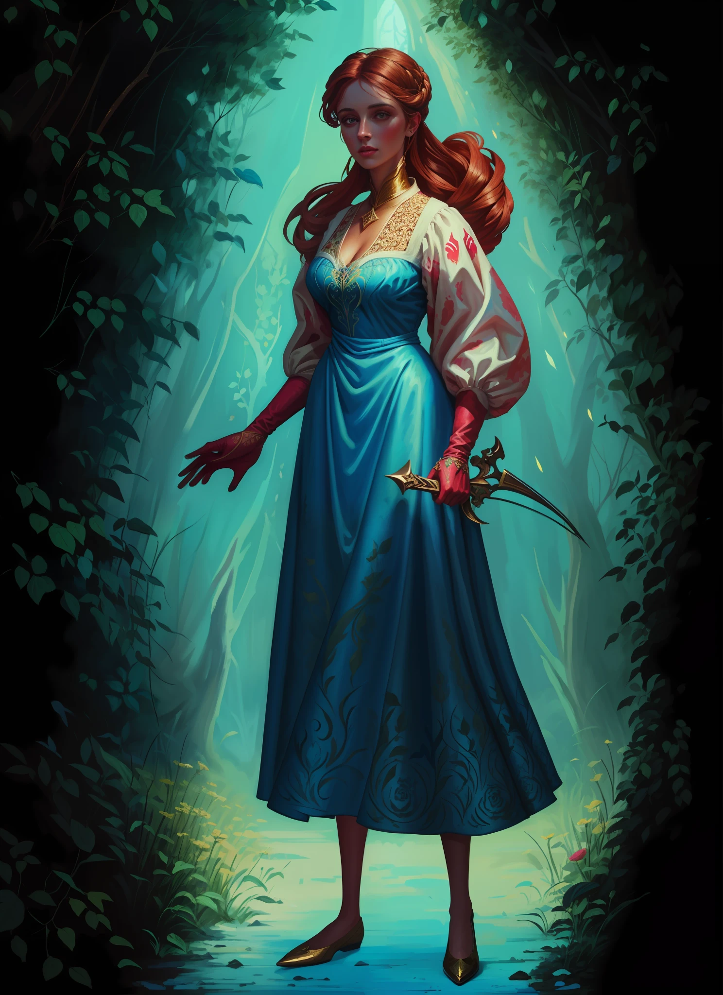hyper detailed gouache style painting of a perfect woman in a medieval dress, hyper detailed fabric, 8k, best quality, masterpiece, smooth shadows, correct anathomy, expressive painting style, foliage, roses, neon highlights