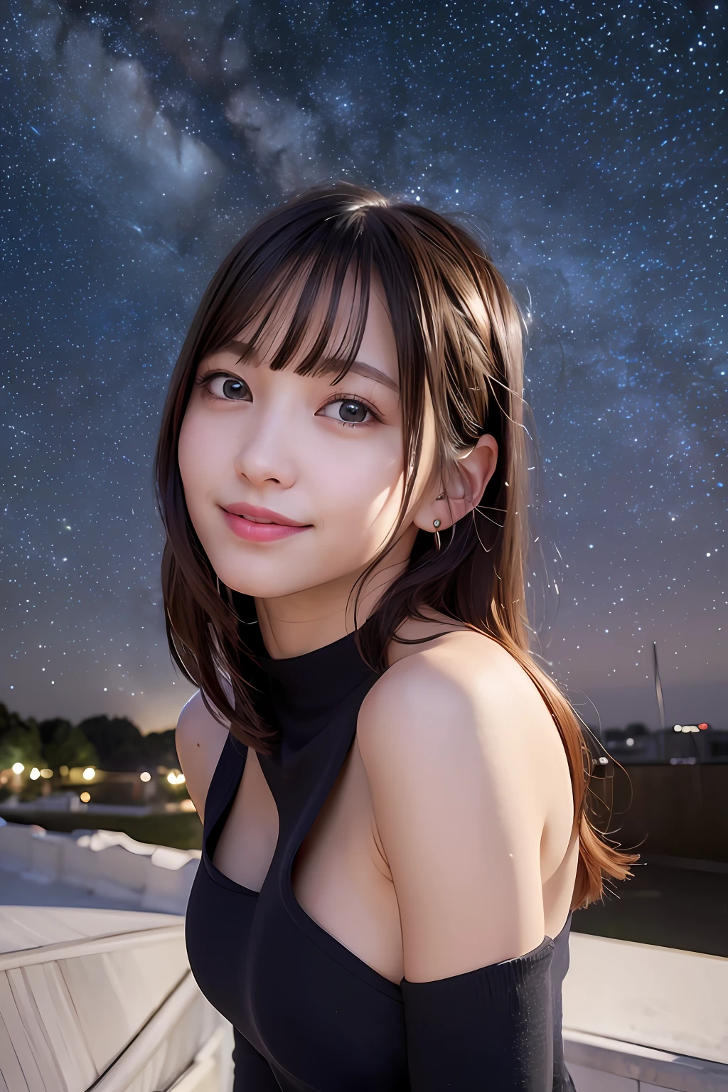 best quality, masterpiece, ultra high res, 8K, raw, (photo realistic:1.4), professional lighting, low angle, (detailed background:1.5), starry sky, slender, dynamic pose, night, 1 girl, cute, smile, big black eyes, long eyelashes, open mouth, tiny breasts, medium hair, short bangs, detailed clothes, off_shoulder, wide pants