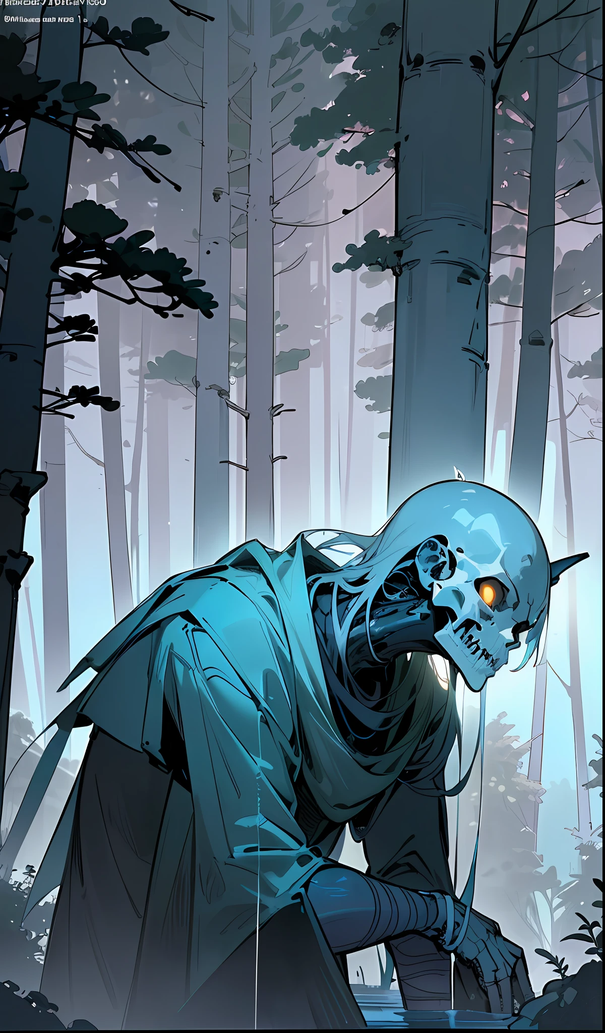 (artwork), (high resolution), (very detailed shading),((distant point of view)) of a cyborg (black, skeletal, very fine) poses defiantly on top of a stream, background a dense forest (shrubs, dry pines without leaves), lighting and atmosphere at dawn, very dim light volumetric very horizontal illuminates the cyborg, blue fog, very dark horror environment