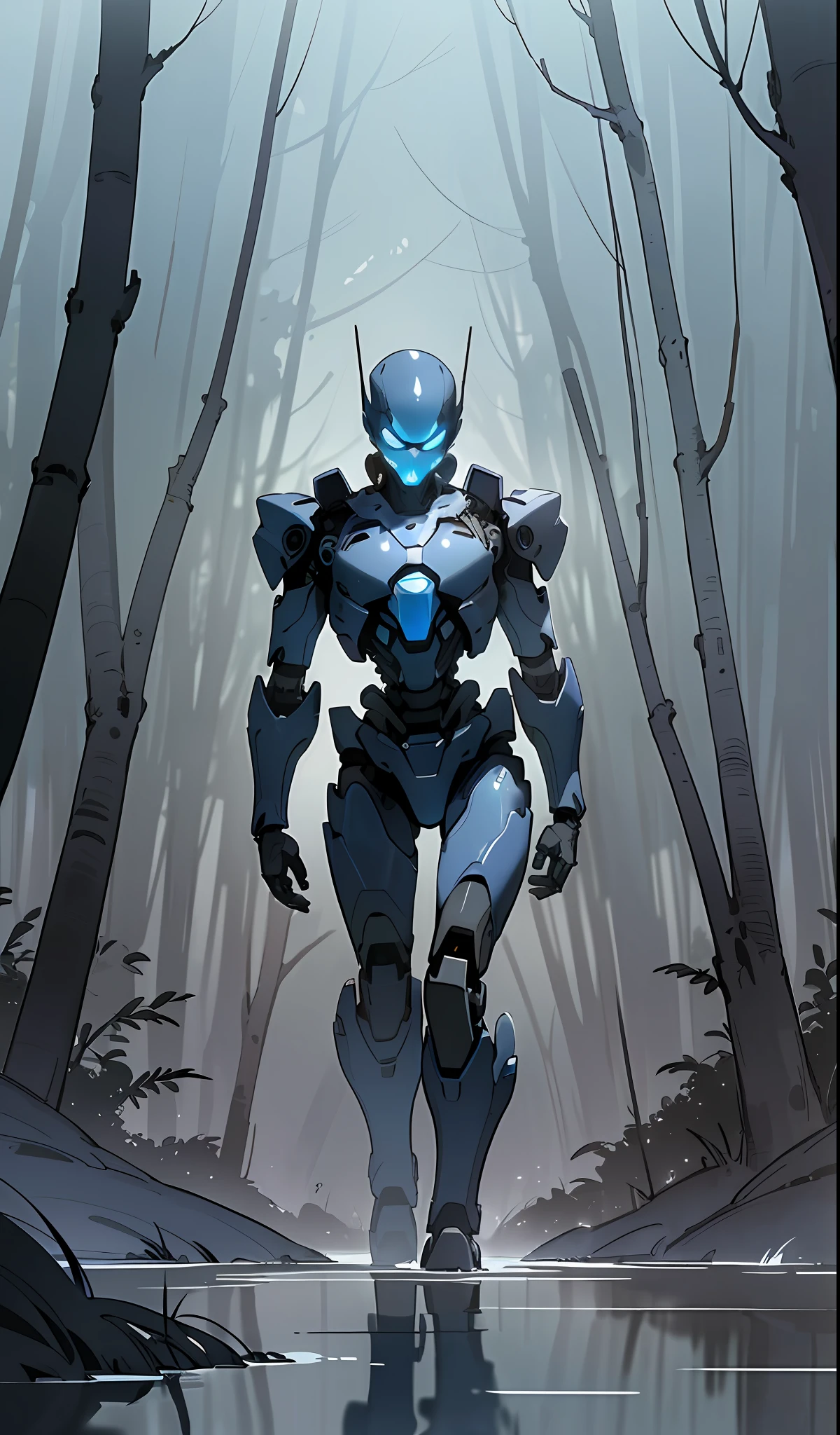 (artwork), (high resolution), (very detailed shading),((distant point of view)) of a cyborg (black, skeletal, very fine) poses defiantly on top of a stream, background a dense forest (shrubs, dry pines without leaves), lighting and atmosphere at dawn, very dim light volumetric very horizontal illuminates the cyborg, blue fog, very dark horror environment