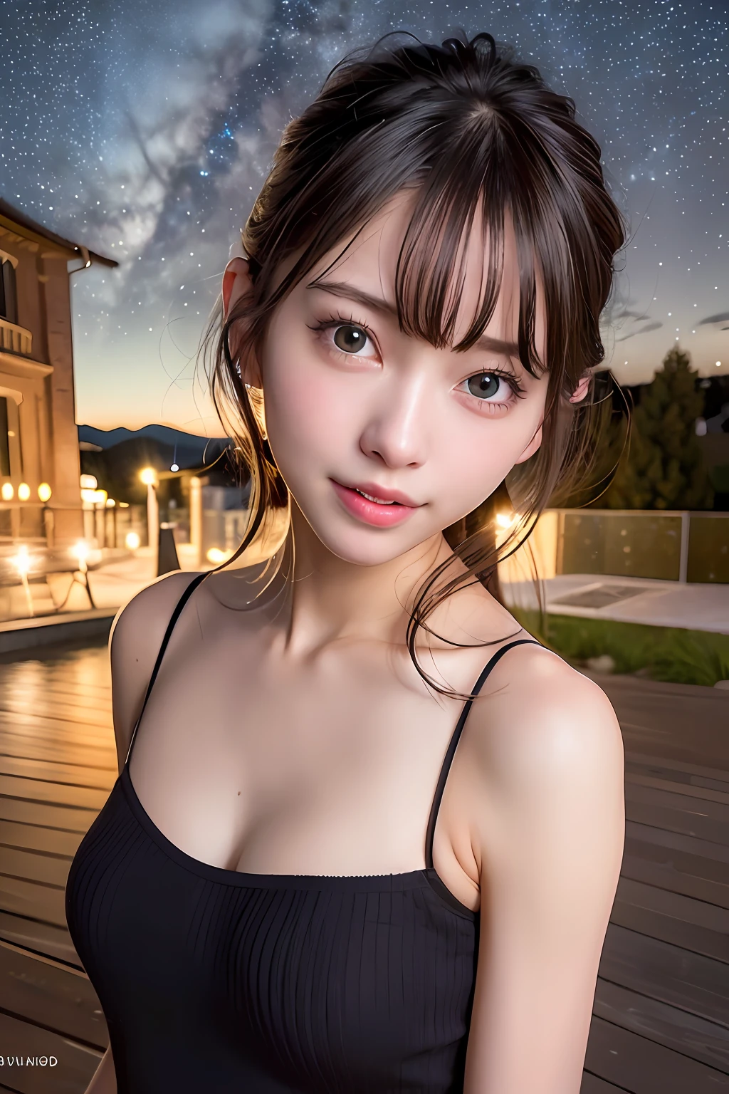 best quality, masterpiece, ultra high res, 8K, raw, (photo realistic:1.4), professional lighting, low angle, (detailed background:1.5), starry sky, slender, dynamic pose, night, 1 girl, cute, smile, big black eyes, long eyelashes, open mouth, tiny breasts, medium hair, short bangs, detailed clothes, knit dress, sheer