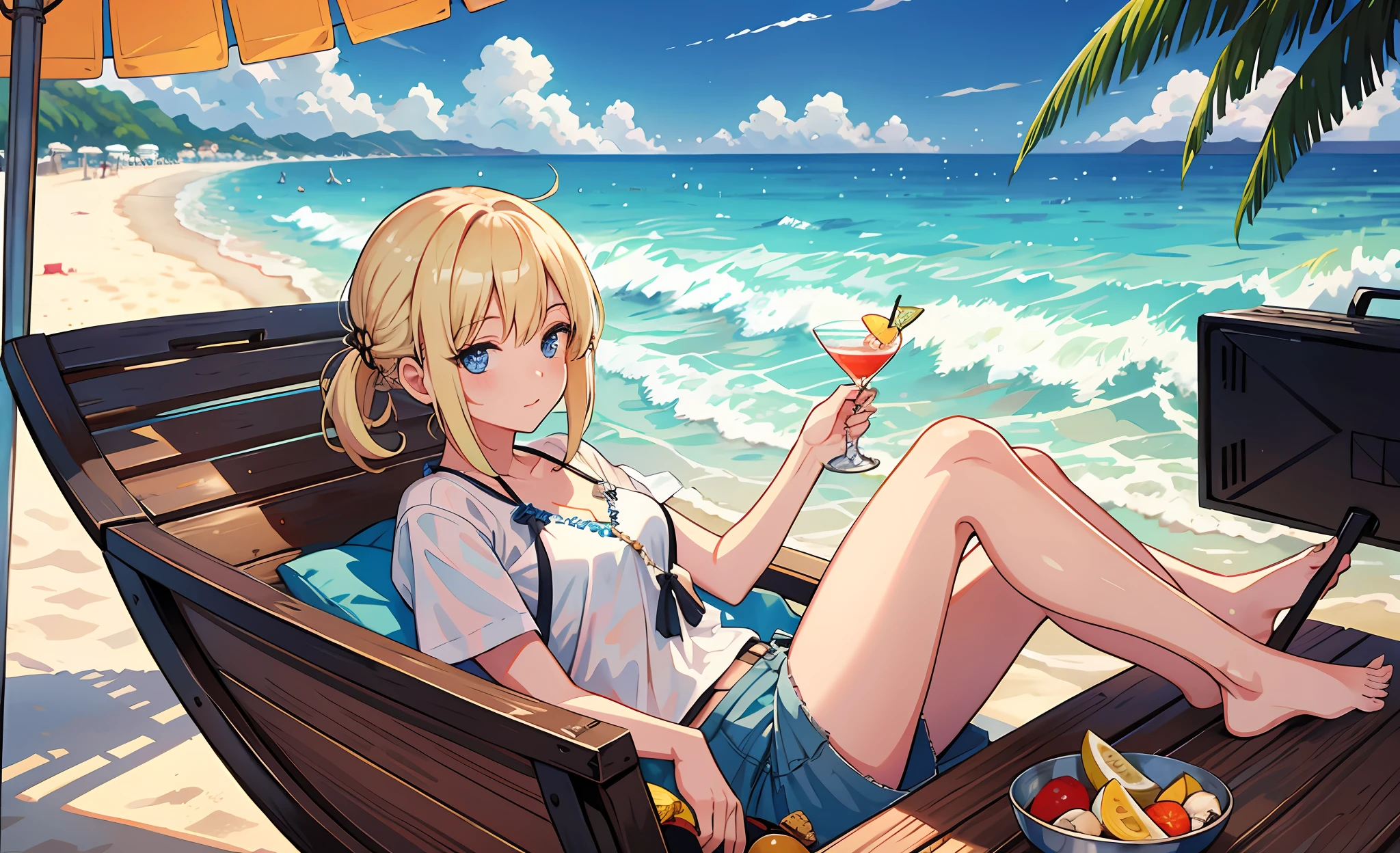 (mksks style, detailed background:1.1), (solo:1.2), (eyes_focus), blonde_hair, cap, white_shirt, close_up,(outdoors, summer (season):1.3), cocktail, market stall, boat, beach, relaxing, beautiful