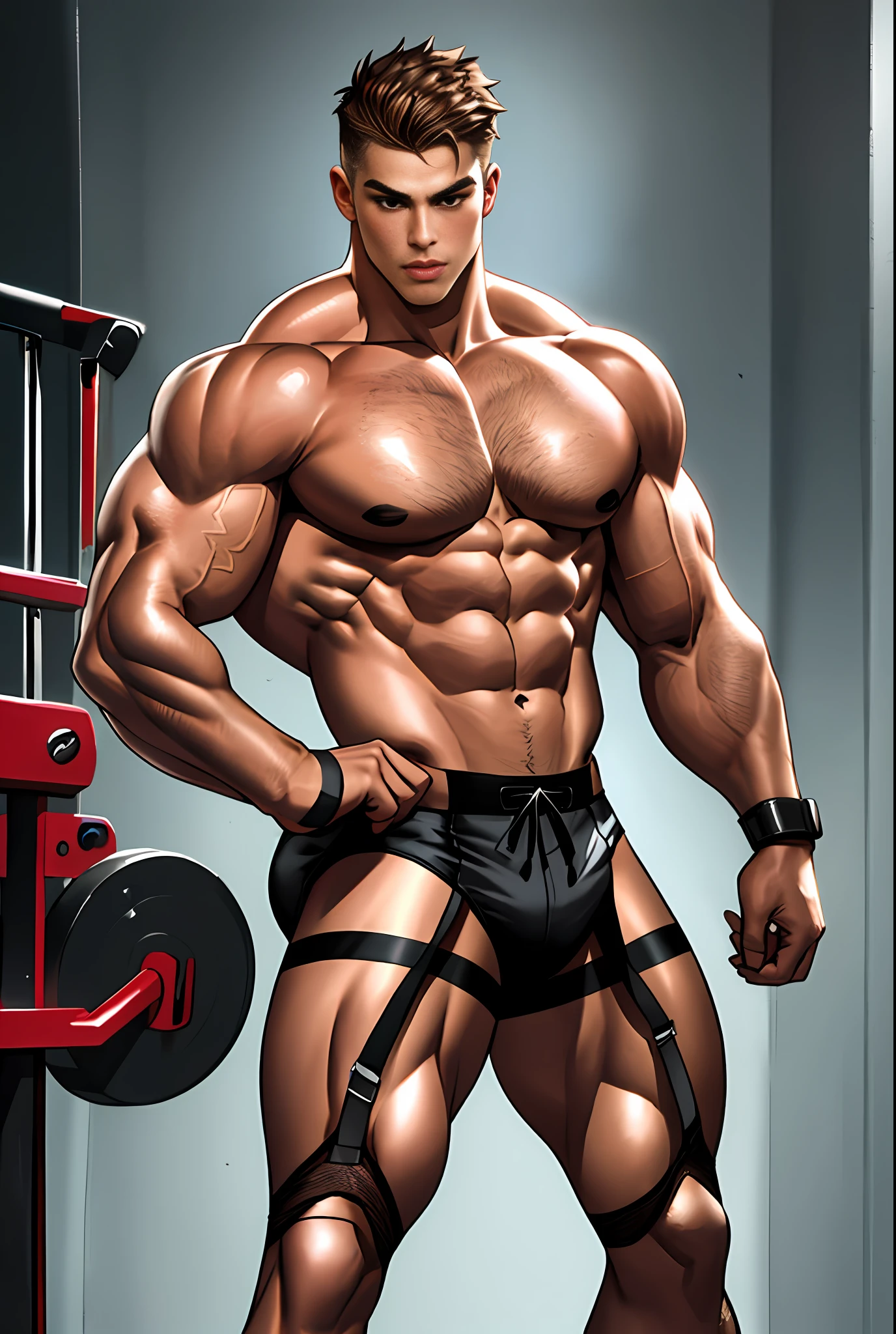 Masculine fitness model powerfully flexing his muscles in sensual women's lingerie and fishnet stockings.