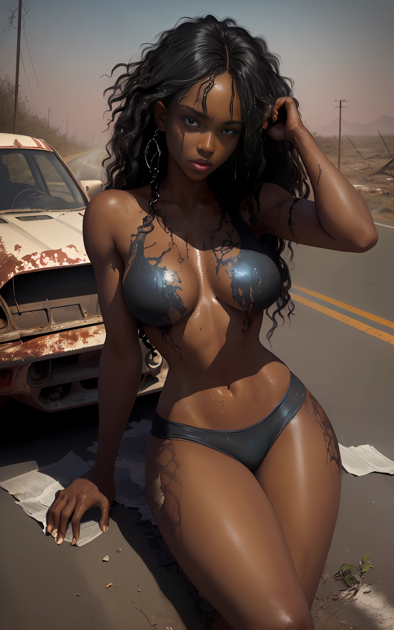 (beautiful and bold black woman, seductive and attractive, blue eyes, pointed breasts, long curly black hair, sweaty body with runny body paint, barefoot, thick legs). (deserted road, dirt road, blood, smoke, abandoned cars, newspapers, abandoned objects, bodies lying on the ground, abandoned road, apocalyptic scenery, cinematic effect), (Best quality, masterpiece, depth of field, Full HD, 4K, richness of detail). Portrait style