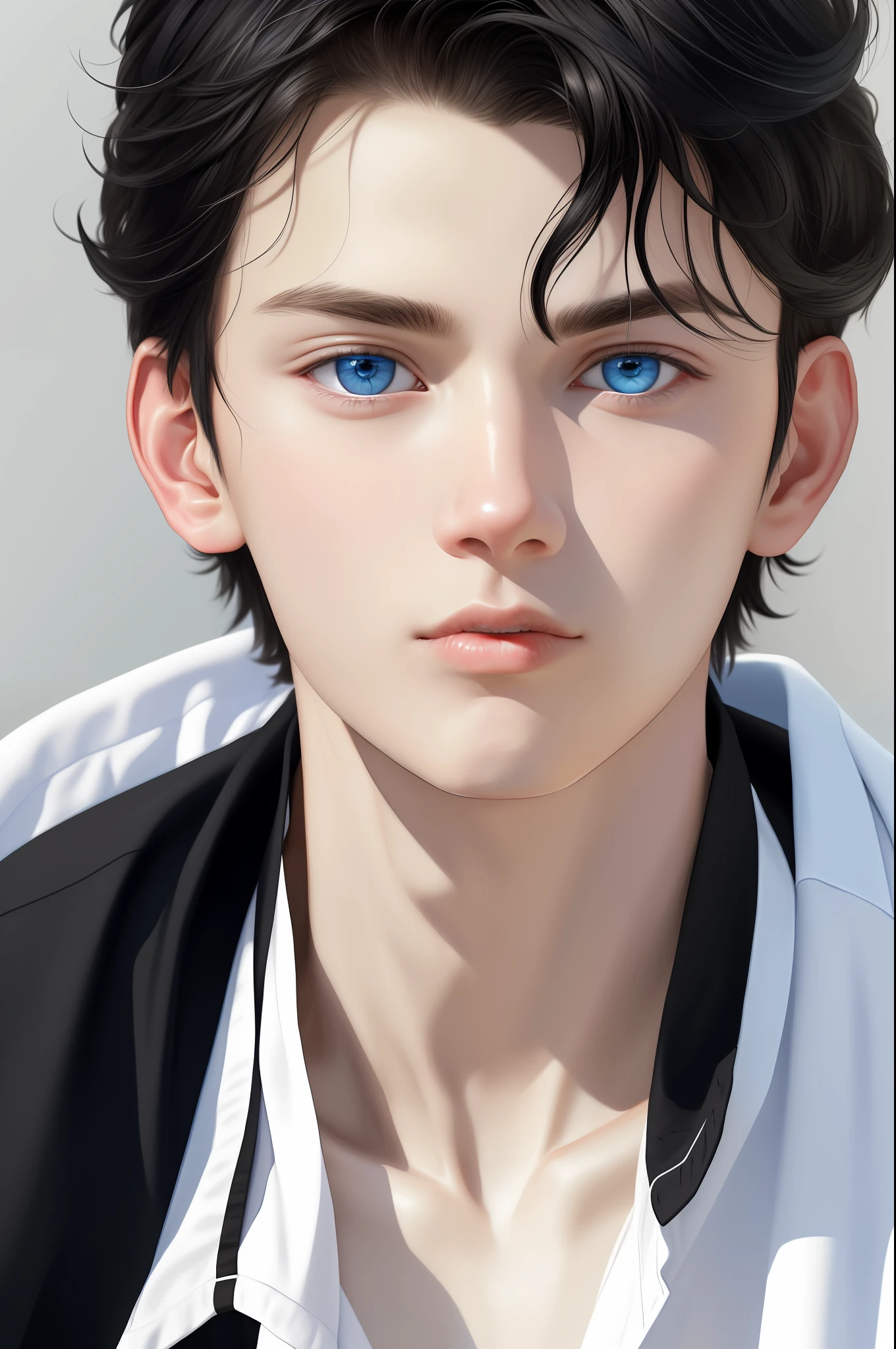 Portrait of a very handsome boy, white skin, black hair and blue eyes, closeup, looking at the viewer, very detailed skin, expressive eyes, thin
