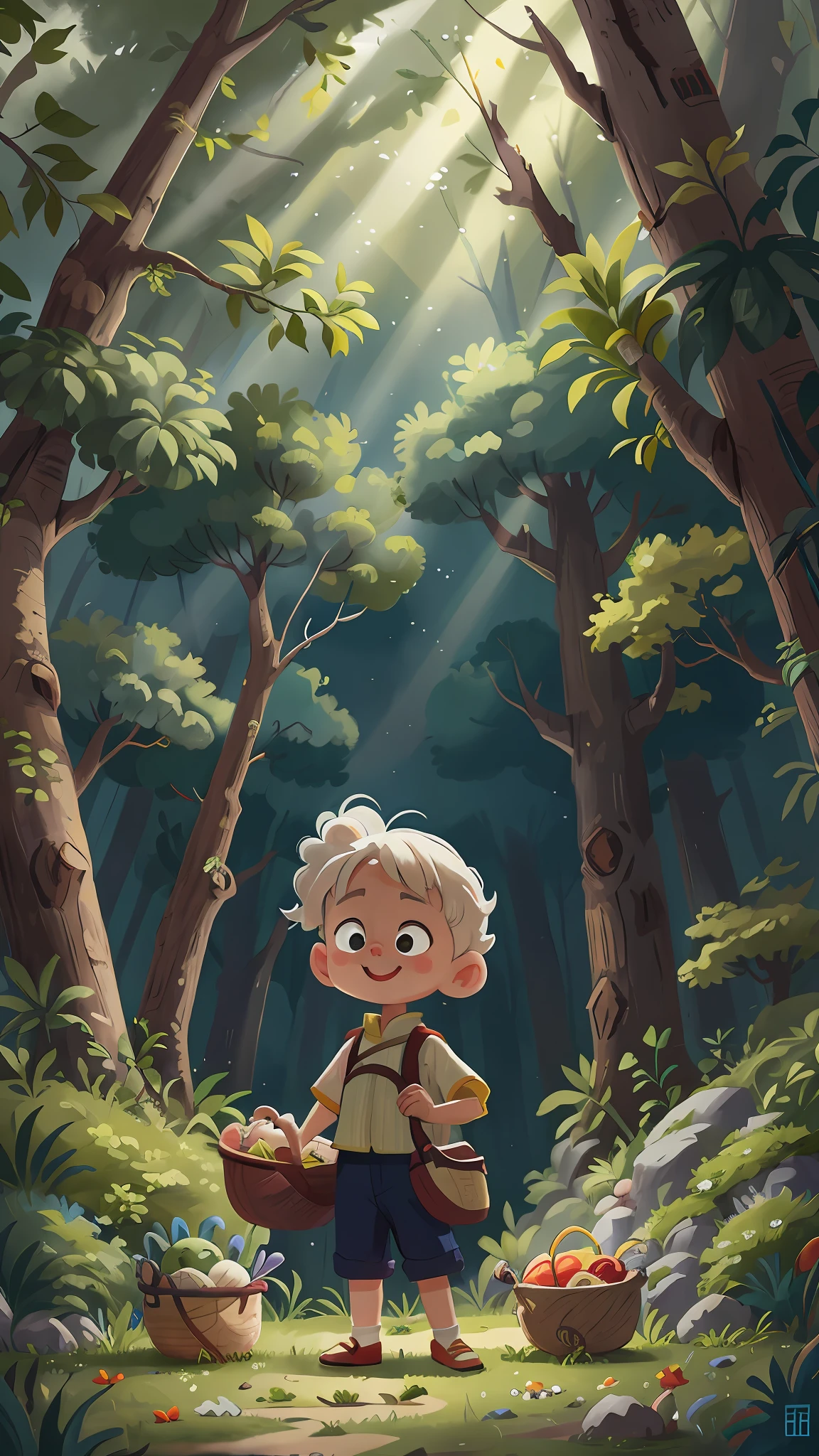 A , white hair, high ponytail, green eyes, holding a basket in his hand, floating hair, wearing ancient Chinese style clothing, happy, happy, perfect quality, clear focus, forest, blue fluorescent, sunlight on the body, f/1.6
