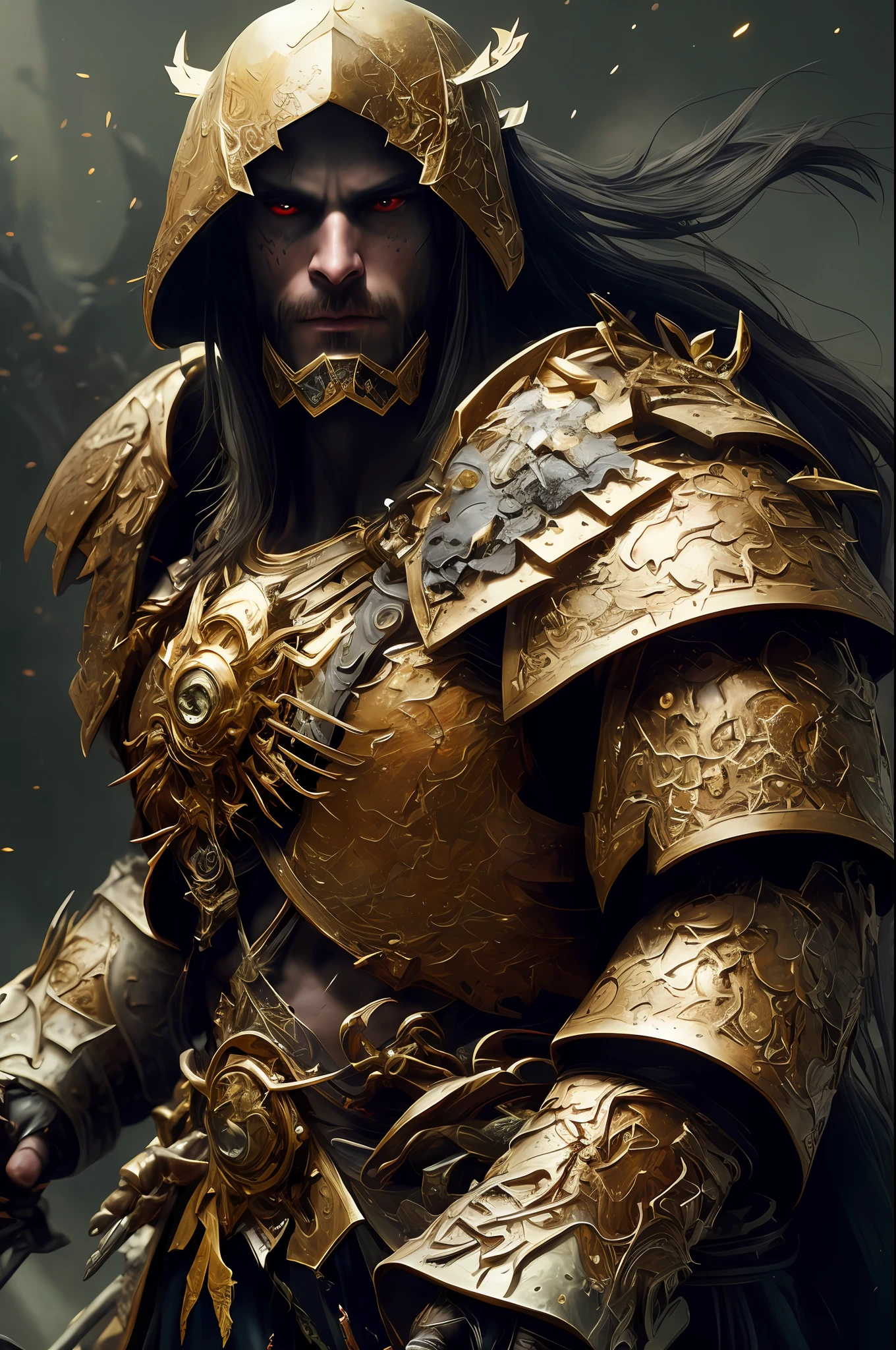 (Detailed Illustration: 1.3) of (Painting: 1.3) A (Full Body: 1.3) Shot in 8k resolution, splatter art, dreamy comic book style, realistic, intense look, anatomically realistic digital painting portrait (old male: 1.3) Human (warrior: 1.3) black and gold complex (heavy armor: 1.3) in (dark and moody universe: 1.3), light particles, very detailed skin, samurai, very detailed eyes, (elden ring style: 1.3), (warhammer style: 1.1), concept artist, global illumination, depth of field, splash art, artgerm and art by greg rutkowski and viktoria gavrilenko