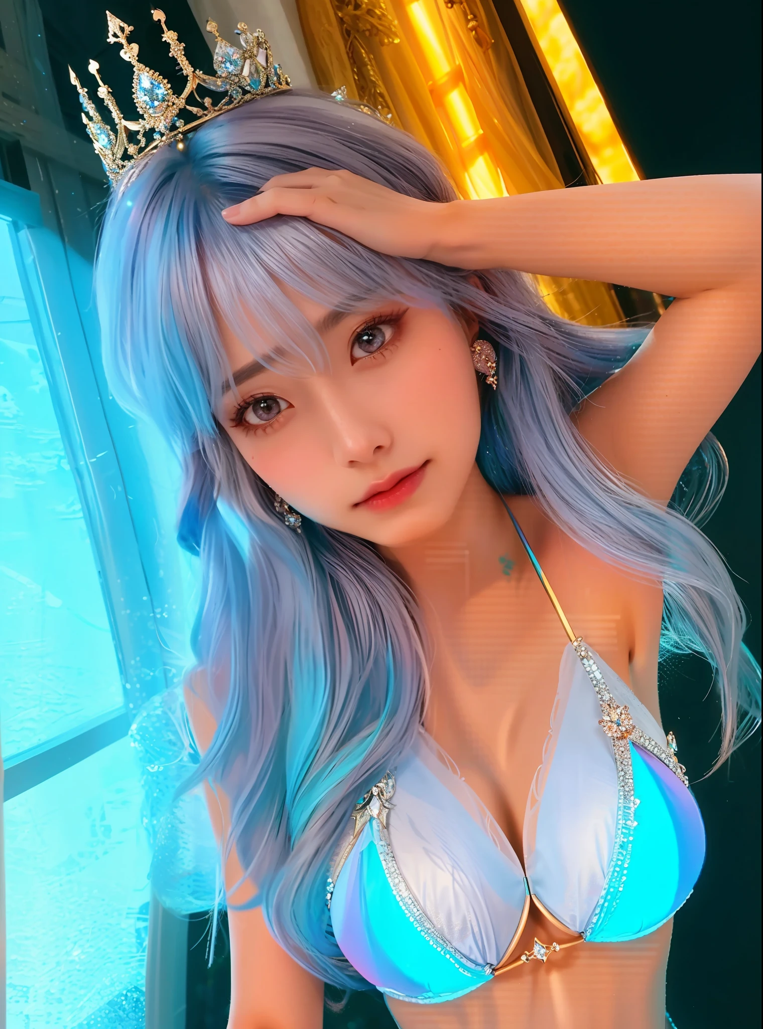 {extremely delicate girl}, CG 8k wallpaper, masterpiece, cold expression, handsome, mid-chest body, looking at the audience squarely, see-through , beautiful figure, rainbow-colored hair, gray eyes, beautiful and delicate eyes {{a black crosshairpin}}, handsome, glowing hair, dramatic angle, diamond crown, earrings, ((best quality)), ((comfortable texture)), natural light