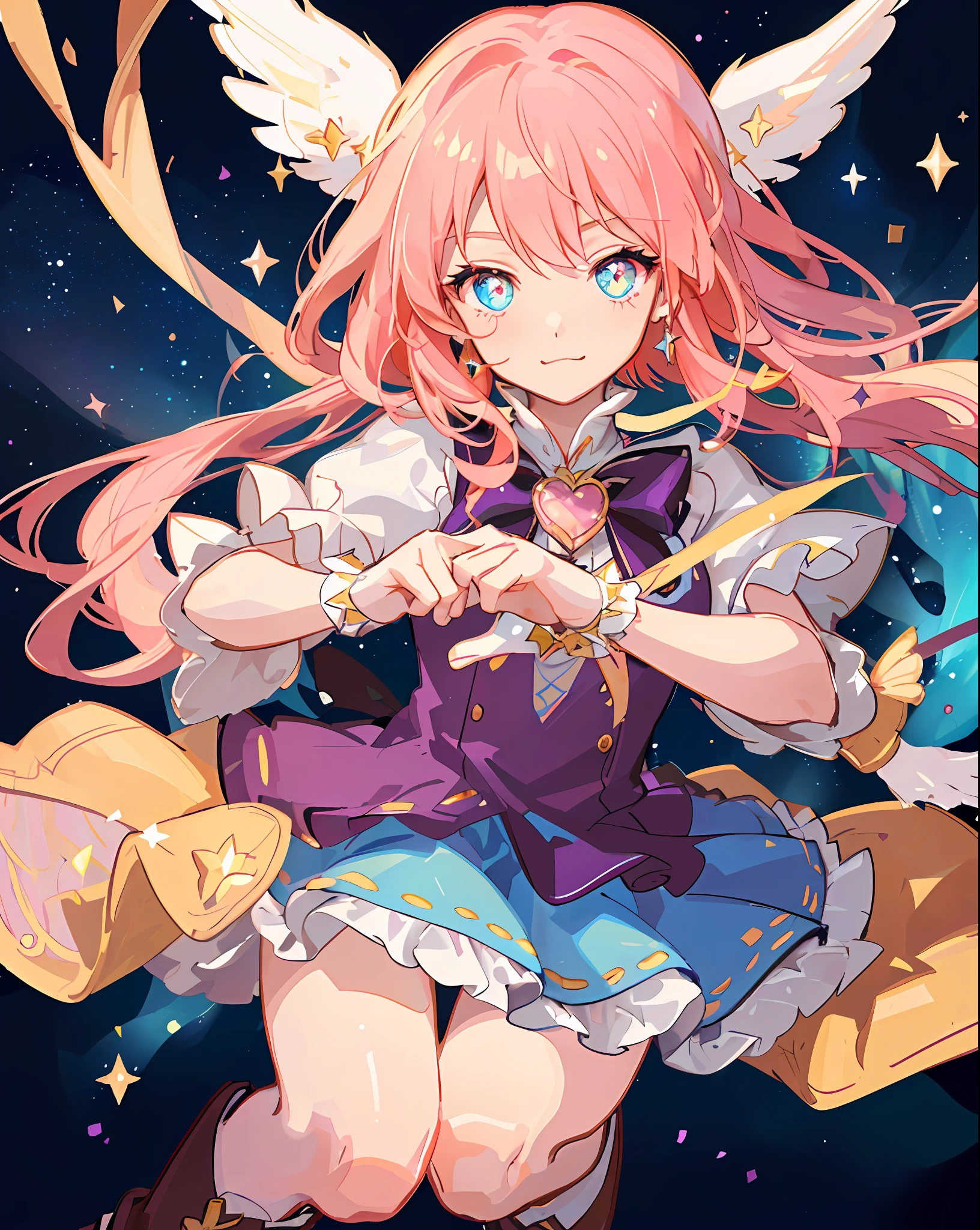 ((Magical Girl)), ((Gorgeous Starry Sky Background)), ((Super Definition)), ((Best Illustration)), ((Cinematic Lighting)), Dynamic Angle, Floating, Detail, (Glitter: 1.2), (Shine: 1.2), (Shine: 1.2), Classic, (Paint: 1.1), (Sketch: 1.1), (Best Quality), (Masterpiece: 1.2), (Anime Style), (Solo), Beautiful Detail Face, (Cute Face: 1.3), (Big Eyes: 1.3), Colorful Hair, (Long Hair: 1.2), (Floating Hair: 1.2), (Magical Girl Costume), Detailed Costumes, (Glowing Wand: 1.3), (Magic Effects: 1.3), (Flowing Skirt: 1.2), (Cute Boots: 1.1), (Transparent Fabric: 1.1), (Glitter: 1.2), (Glow: 1.2), (Shine: 1.2), ( Flicker:1.2) , (Dazzle:1.2)