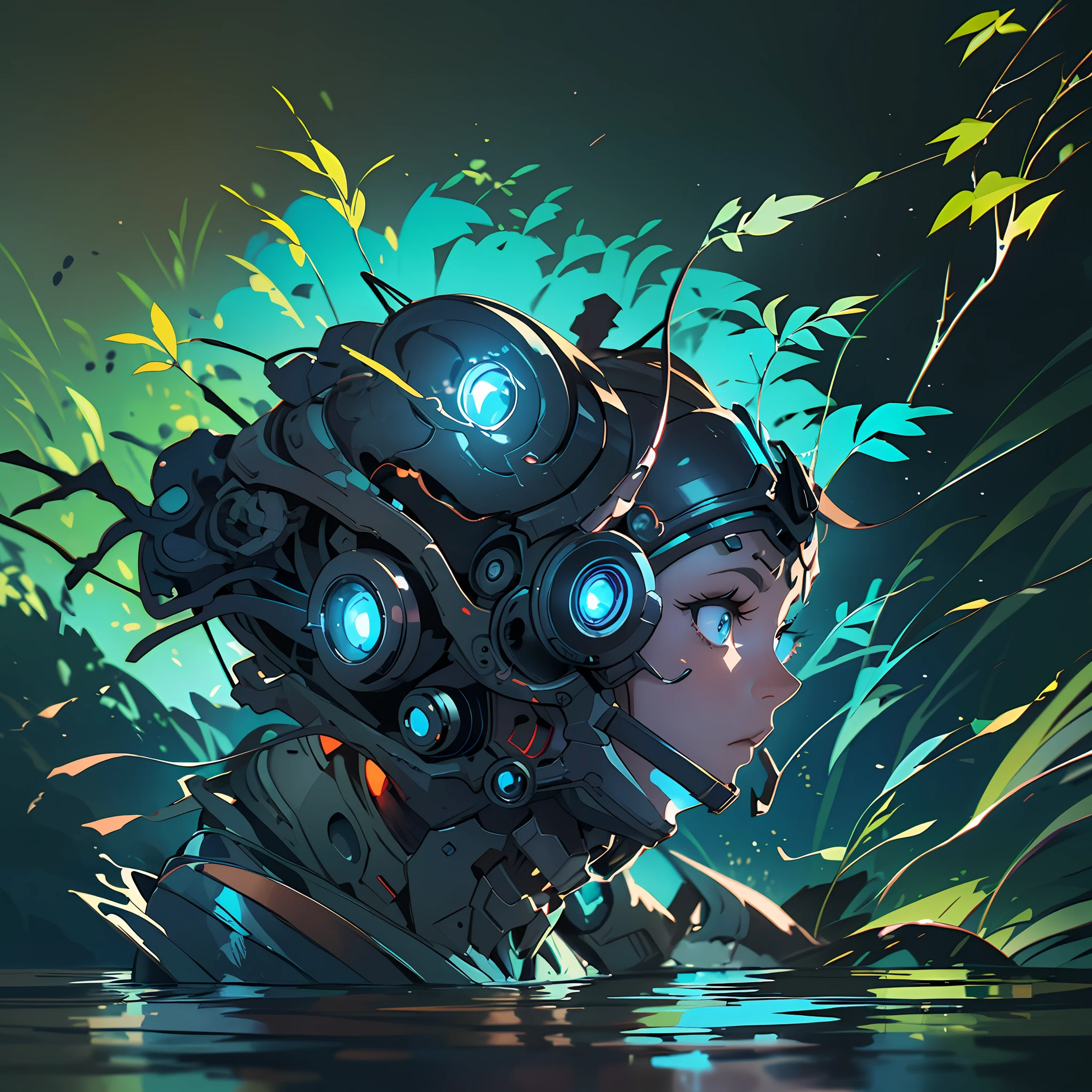 (artwork), (high resolution), (very detailed shading),((distant point of view)), ((full body)) realistic illustration of a rusty cyborg (black skin, without lights, skeletal, (very fine)) poses defiantly on top of a stream (reflections in the water, crystal clear), background a dense forest (shrubs, dry pines without leaves), lighting and atmosphere at dawn, very dim light volumetric very horizontal illuminates the cyborg, Blue fog, very dark horror environment, shaded with lots of contrast