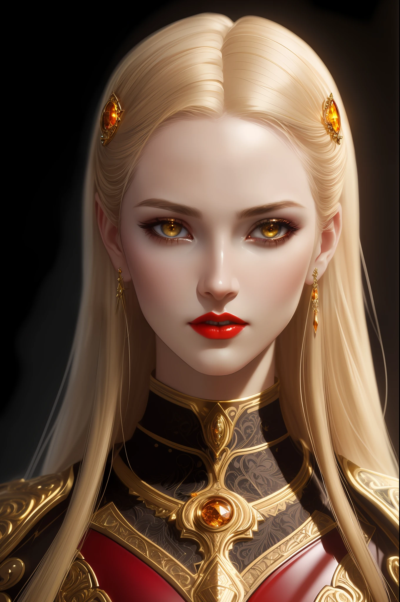 (8k, RAW photo, best quality, masterpiece:1.2), modelshoot style, (dark photo:1.5), incredibly attractive woman with soft golden hair hair, goddess of light, (Victorian style:1.2), highly detailed and intricate Victorian armor, long hair, dramatic pose, (soft warm skin with wax effect:1.3), pastel, (bright red lips and the tip of the nose with shiny small glow:1.4),  (bright highlights:1.6), detailed eyes, (soft volumetric light: 1.5), (subsurface scattering: 1.5), wax, (daylight: 1.6), global lighting, Soft shadows, (dark background with cold lighting: 1.0), bokeh, Charlie Bowater, stanley artgerm lau, a detailed painting, fantasy art, artstation, trend in Artstation, art like midjourney and Rutkowski, hyper-detailed details, insane, intricate details, (oil painting: 1.5),  (digital art: 1.5), glow in the corneas of the eyes, round pupils, refraction, reflections of the screen space, occlusion of the screen space environment, (HDR:1.4), full-body shot, (gold jewelry with amber gems:1.1)