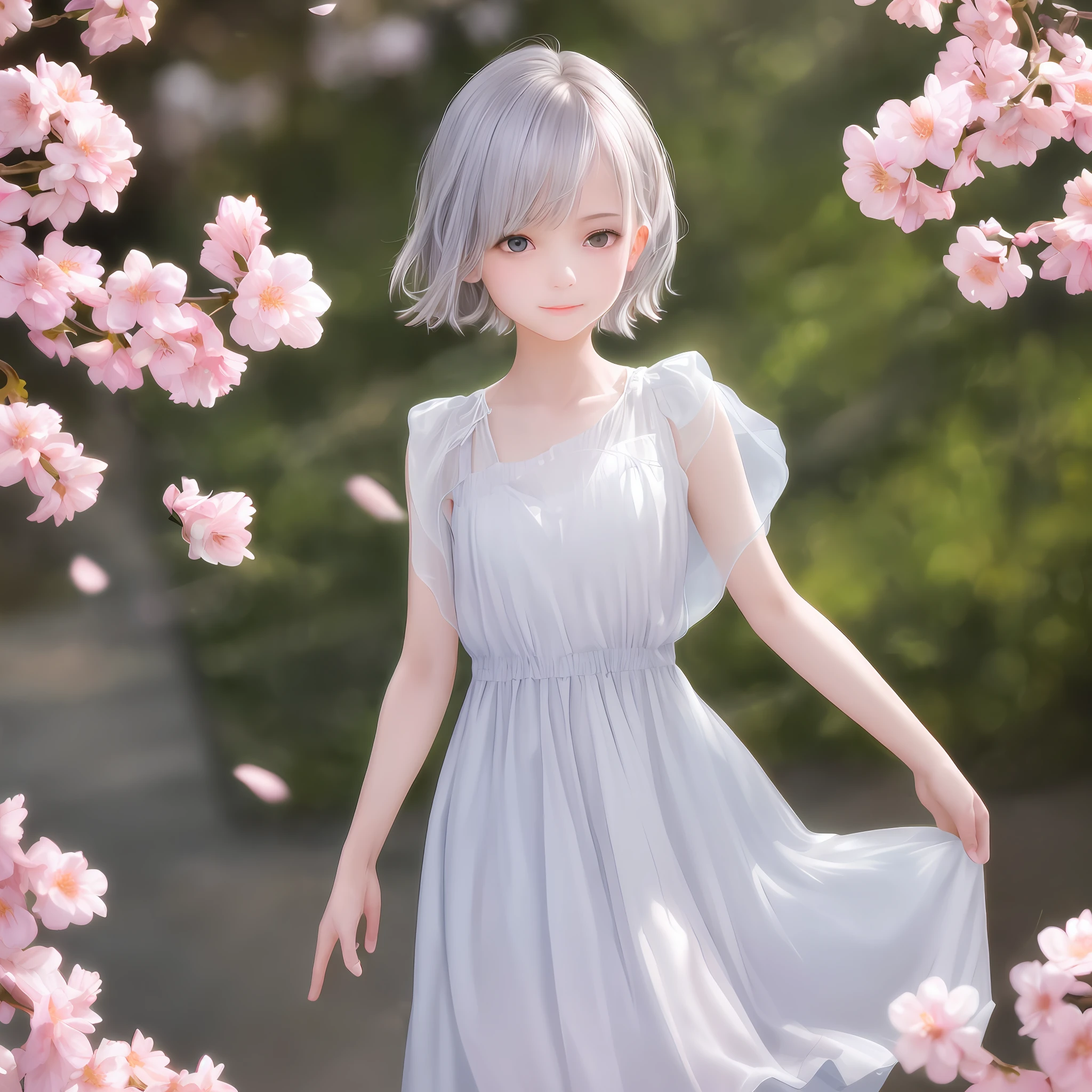 realistic photograph, snapshot of only one very cute mischievous girl at a distance from camera, shot from afar, side shot, low angle, age 10, pixie cut hairstyle, pale blue gray hair, jumping up and down by a cherry blossom tree, wearing a see-through gray thin long poncho without decoration, slightly smiling mouth, numerous soap bubbles floating in the air, tilting her head, pale gray eyes, princess eyes, extremely detailed middle eyes, thin chest, spring, warm lighting, focus on the face, lens flare, smooth texture, happy mood, romantic scene, cinematic scene, cinematic composition, fashion pose, attractive posing, detailed skinny legs, best quality, high quality, masterpiece, 4k, 8k, raw photo, detailed symmetric realistic face, natural skin texture, extremely detailed skin