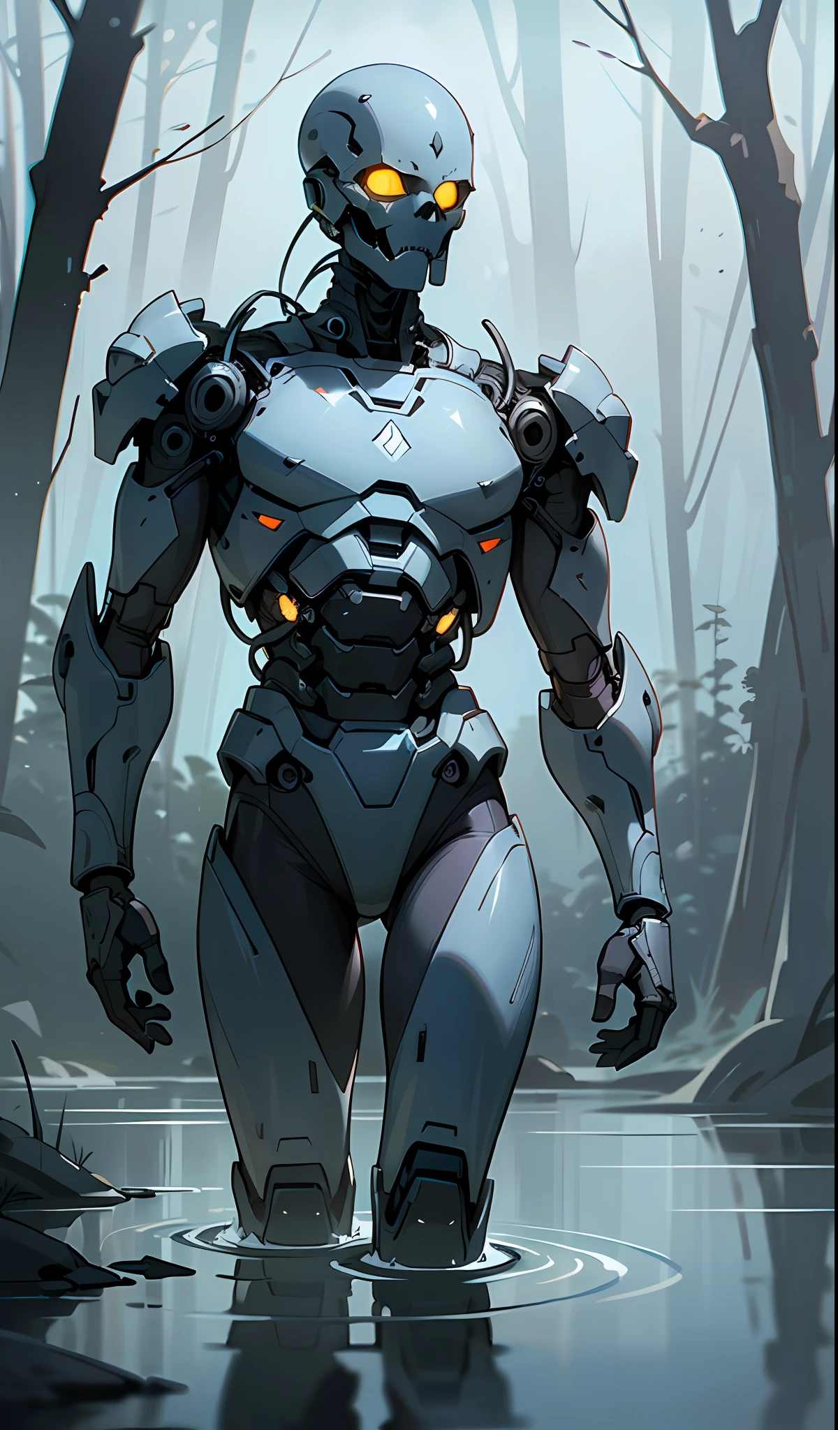 (artwork), (high resolution), (very detailed shading),((distant point of view)), ((full body)) realistic illustration of a rusty cyborg (black skin, without lights, skeletal, (very fine)) poses defiantly on top of a stream (reflections in the water, crystal clear), background a dense forest (shrubs, dry pines without leaves), lighting and atmosphere at dawn, very dim light volumetric very horizontal illuminates the cyborg,  Blue fog, very dark horror environment, shaded with lots of contrast