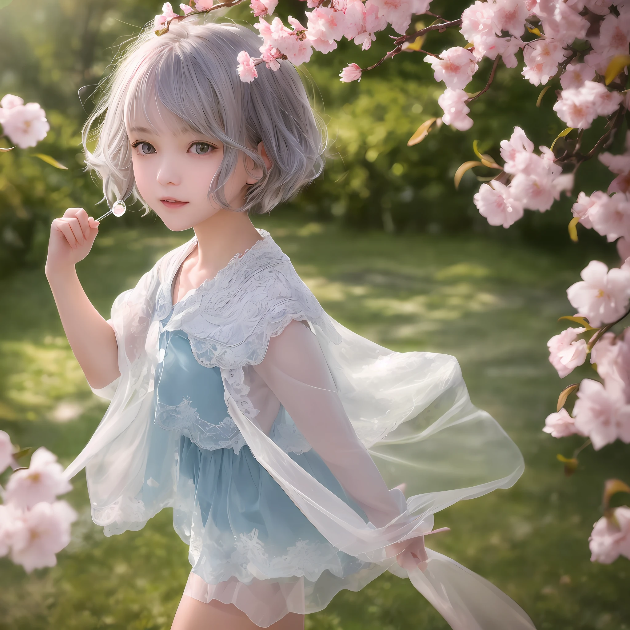 realistic photograph, snapshot of only one very cute mischievous girl at a distance from camera, shot from afar, side shot, low angle, age 10, pixie cut hairstyle, pale blue gray hair, jumping up and down by a cherry blossom tree, wearing a see-through gray thin long poncho without decoration, slightly smiling mouth, numerous soap bubbles floating in the air, tilting her head, pale gray eyes, princess eyes, extremely detailed middle eyes, thin chest, spring, warm lighting, focus on the face, lens flare, smooth texture, happy mood, romantic scene, cinematic scene, cinematic composition, fashion pose, attractive posing, detailed skinny legs, best quality, high quality, masterpiece, 4k, 8k, raw photo, detailed symmetric realistic face, natural skin texture, extremely detailed skin