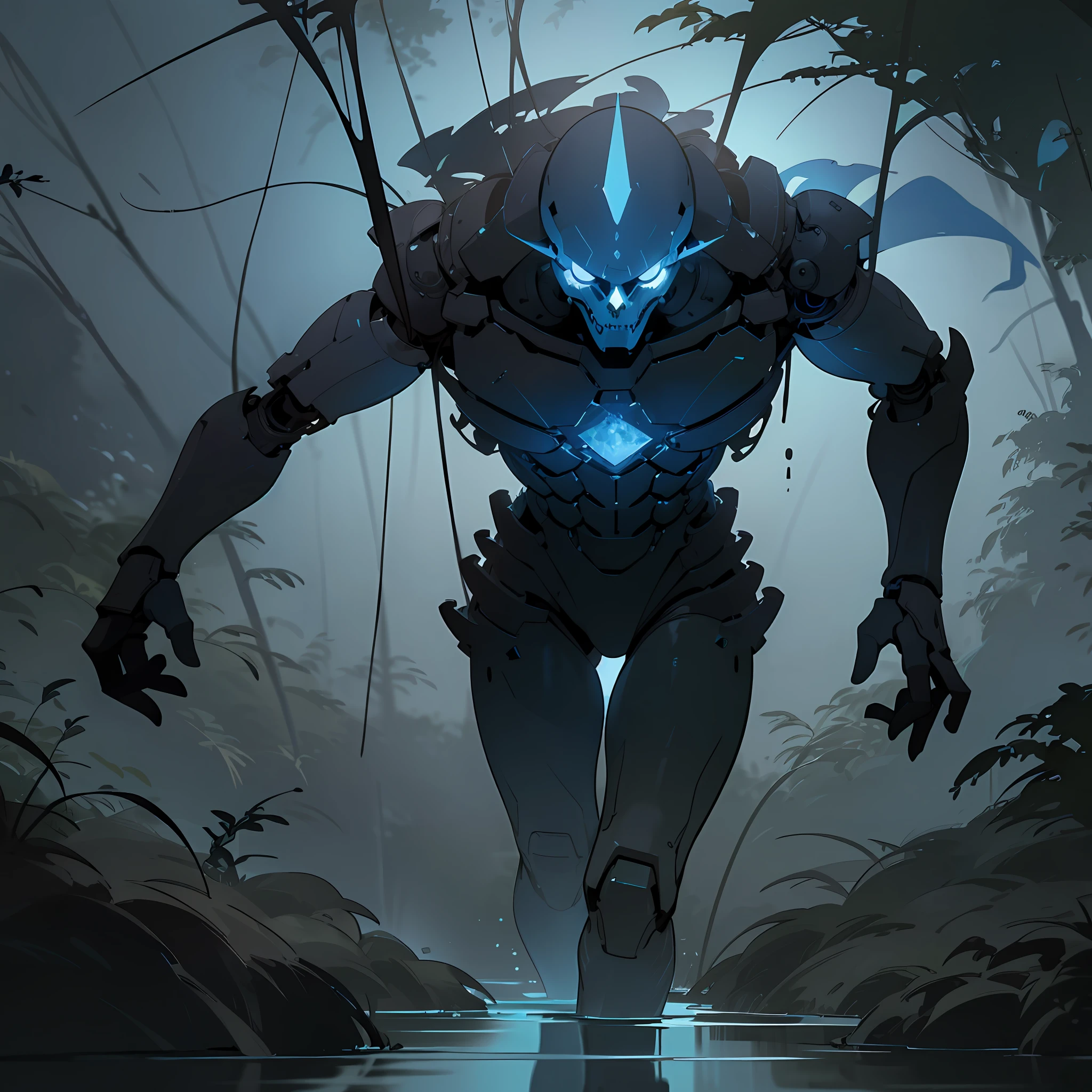 (artwork), (high resolution), (very detailed shading),((distant point of view)), ((full body)) realistic illustration of a rusty cyborg (black skin, without lights, skeletal, (very fine)) poses defiantly on top of a stream (reflections in the water, crystal clear), background a dense forest (shrubs, dry pines without leaves), lighting and atmosphere at dawn, very dim light volumetric very horizontal illuminates the cyborg, Blue fog, very dark horror environment, shaded with lots of contrast