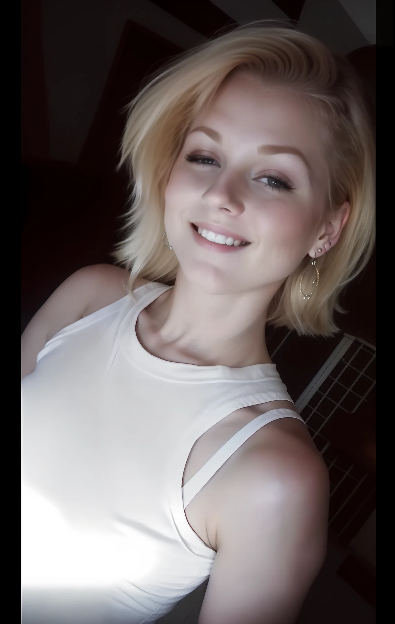 blond woman with white tank top and earrings smiling at camera, around 1 9 years old, low quality photograph, low quality grainy, low quality photo, very very low quality picture, very very pale blond hair, grainy low quality, profile picture, desaturated!!, taken in the late 2000s, very very very pale white skin, headshot profile picture