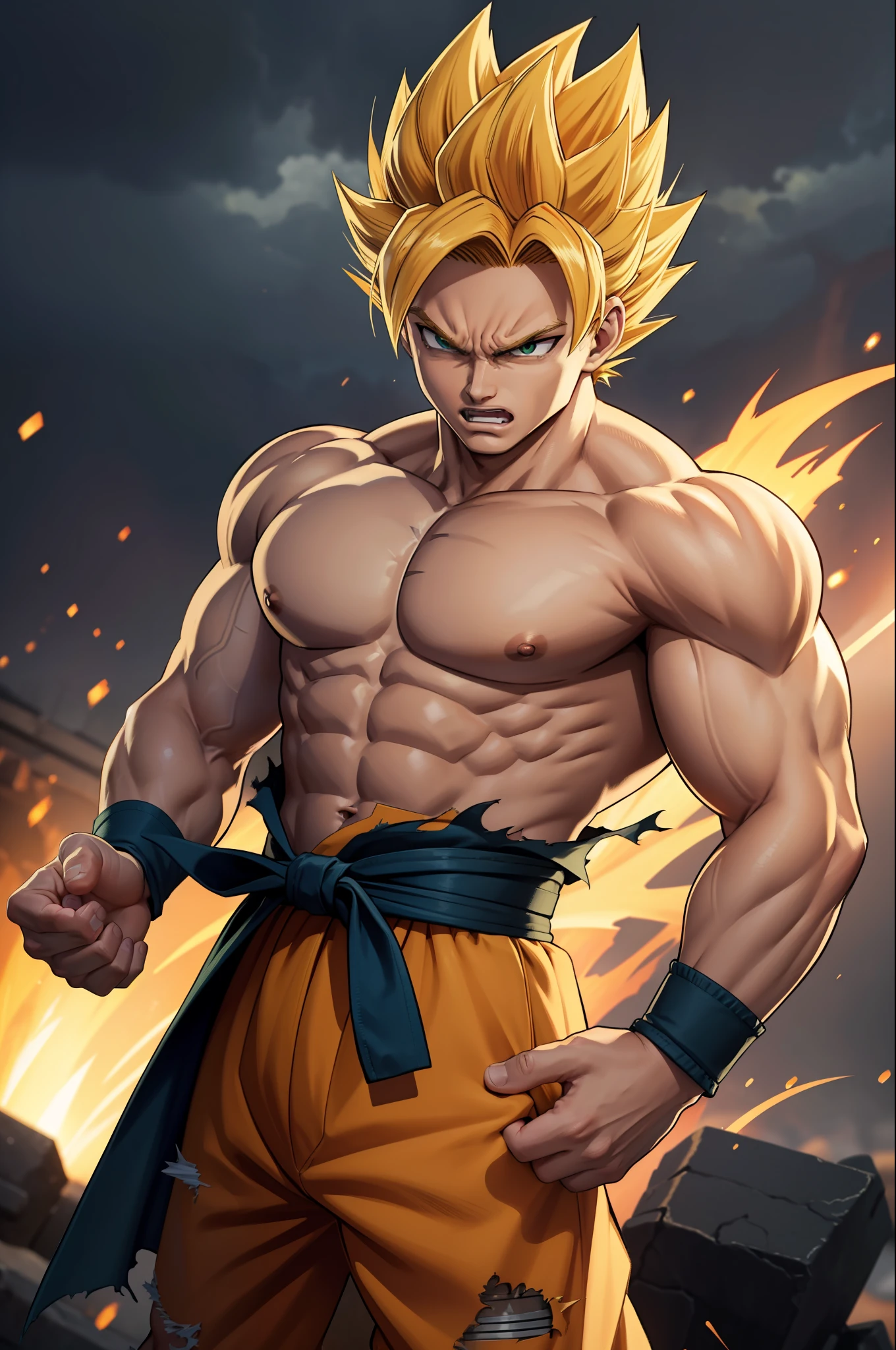 (masterpiece, best quality), intricate details, 8k, artstation, wallpaper, official art, splash art, storm in background, sharp focus, 1boy, (photorealistic:1.2) (bokeh) (best quality) (detailed skin:1.3) (intricate details) (8k) (detailed eyes) (sharp focus) son goku, angry, battle damage, blonde hair, blue sash, clenched teeth, furious, green eyes, male focus, muscular, muscular male, pectorals, sash, solo, spiked hair, super saiyan, super saiyan 1, teeth, topless male, torn clothes, wristband,