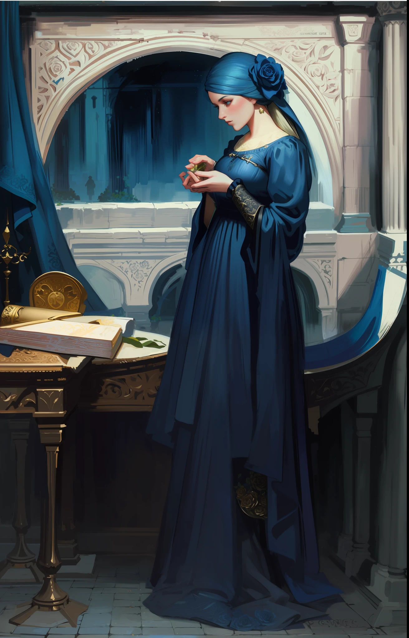 hyper detailed gouache style painting of a perfect woman in a medieval dress, hyper detailed fabric, 8k, best quality, masterpiece, smooth shadows, correct anathomy, expressive painting style, foliage, roses, neon highlights