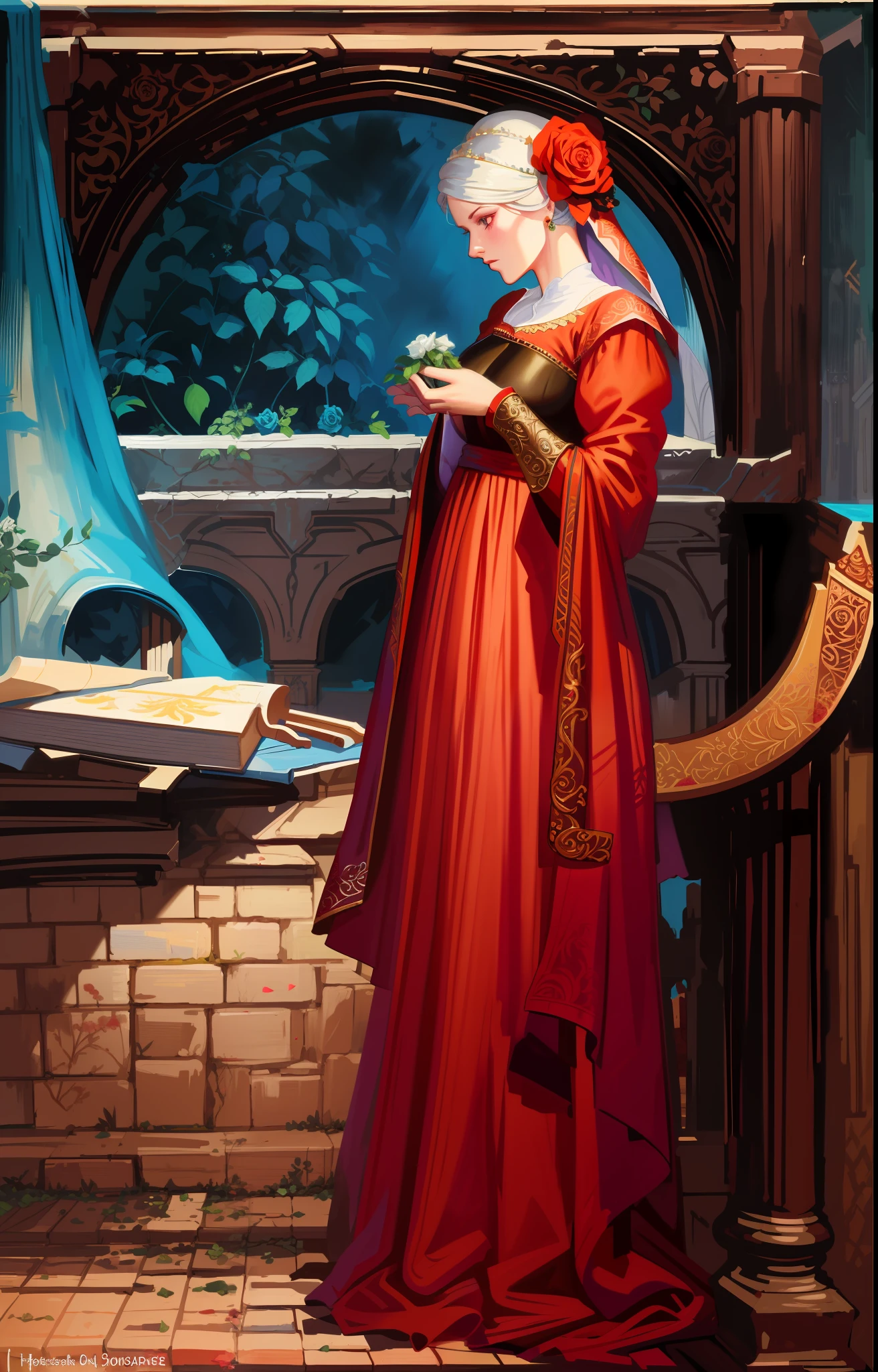 hyper detailed gouache style painting of a perfect woman in a medieval dress, hyper detailed fabric, 8k, best quality, masterpiece, smooth shadows, correct anathomy, expressive painting style, foliage, roses, neon highlights