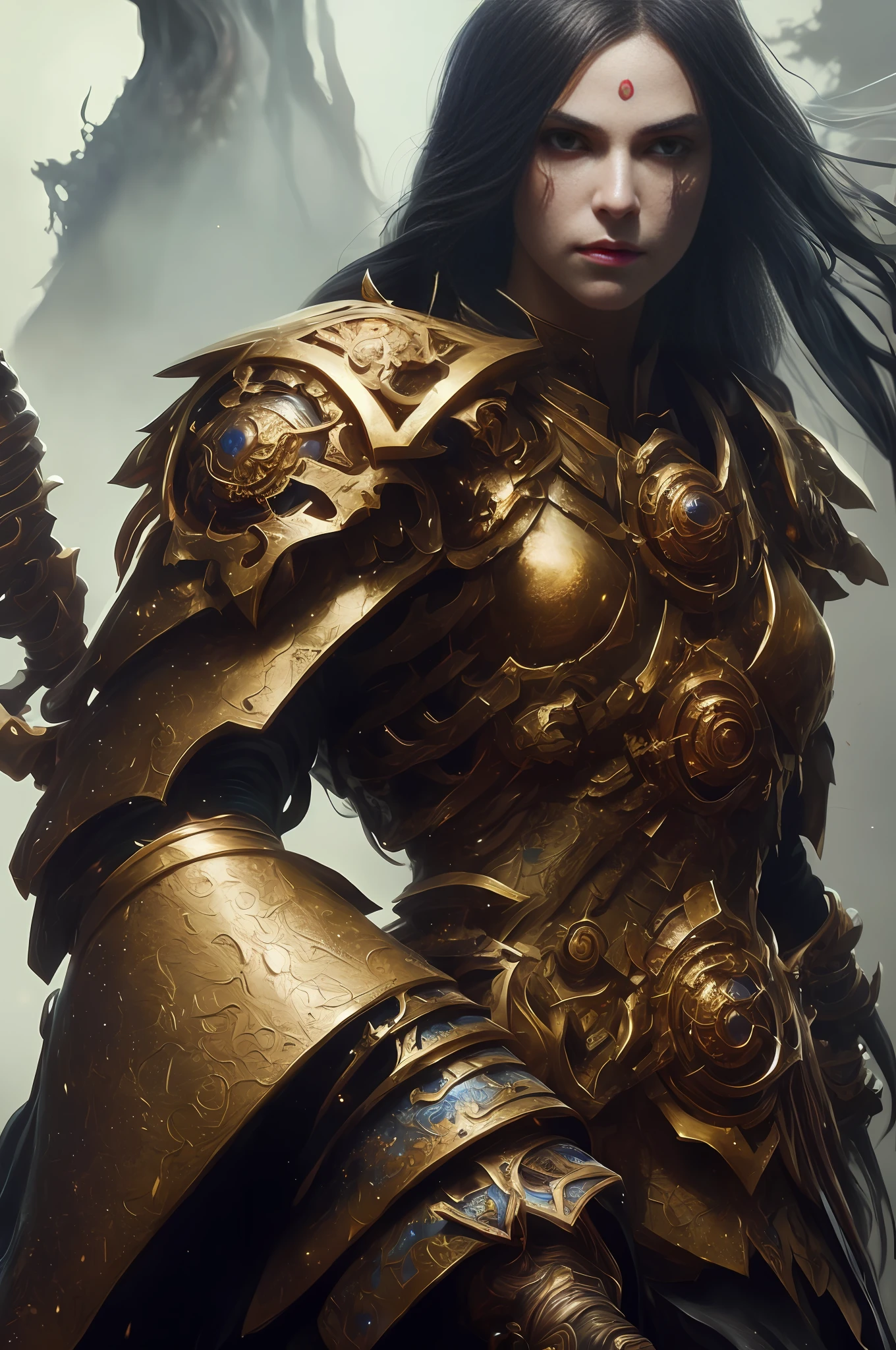 (Detailed illustration: 1.3) of (painting: 1.3) A (full body: 1.3) 8k resolution shooting, splash art, fantasy manga style, realistic, intense appearance, anatomically realistic digital painting portrait (female: 1.3) human (warrior: 1.3) black and gold complex (heavy armor: 1.3) in (dark and moody universe: 1.3), light particles, very detailed skin, samurai, very detailed eyes, (elden ring style:1.3), (Warhammer style:1.1), conceptual artist, global illumination, depth of field, splash art, artgerm and art by Greg Rukowski and Viktoria Gavrilenko