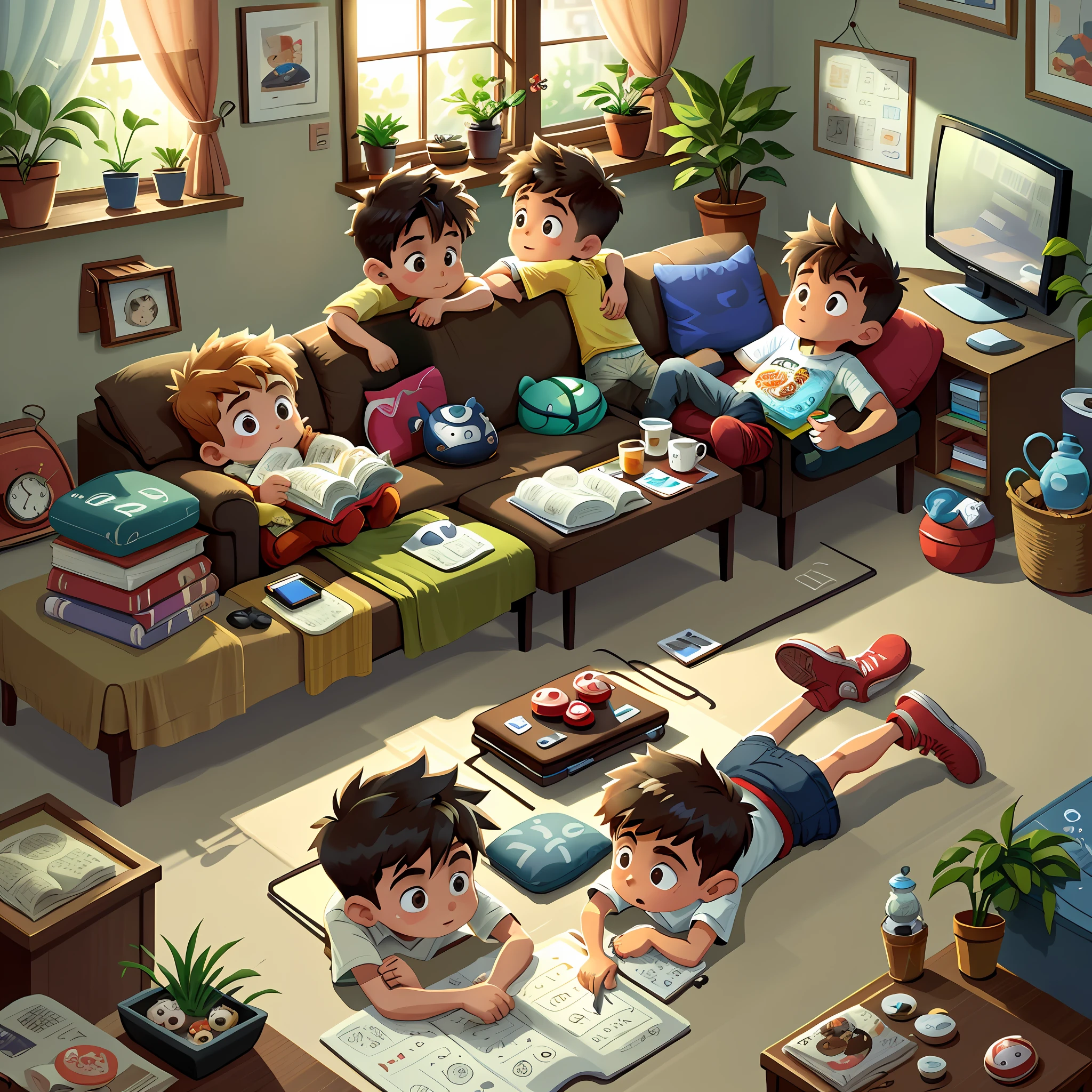 3 boys, facing the audience, lying down, sitting, toys, windows, TV, table, chair, stool, carpet, newspaper, book, floor, water cup, potted plant, air conditioner, remote control, sofa, coffee table, fish tank, fish,