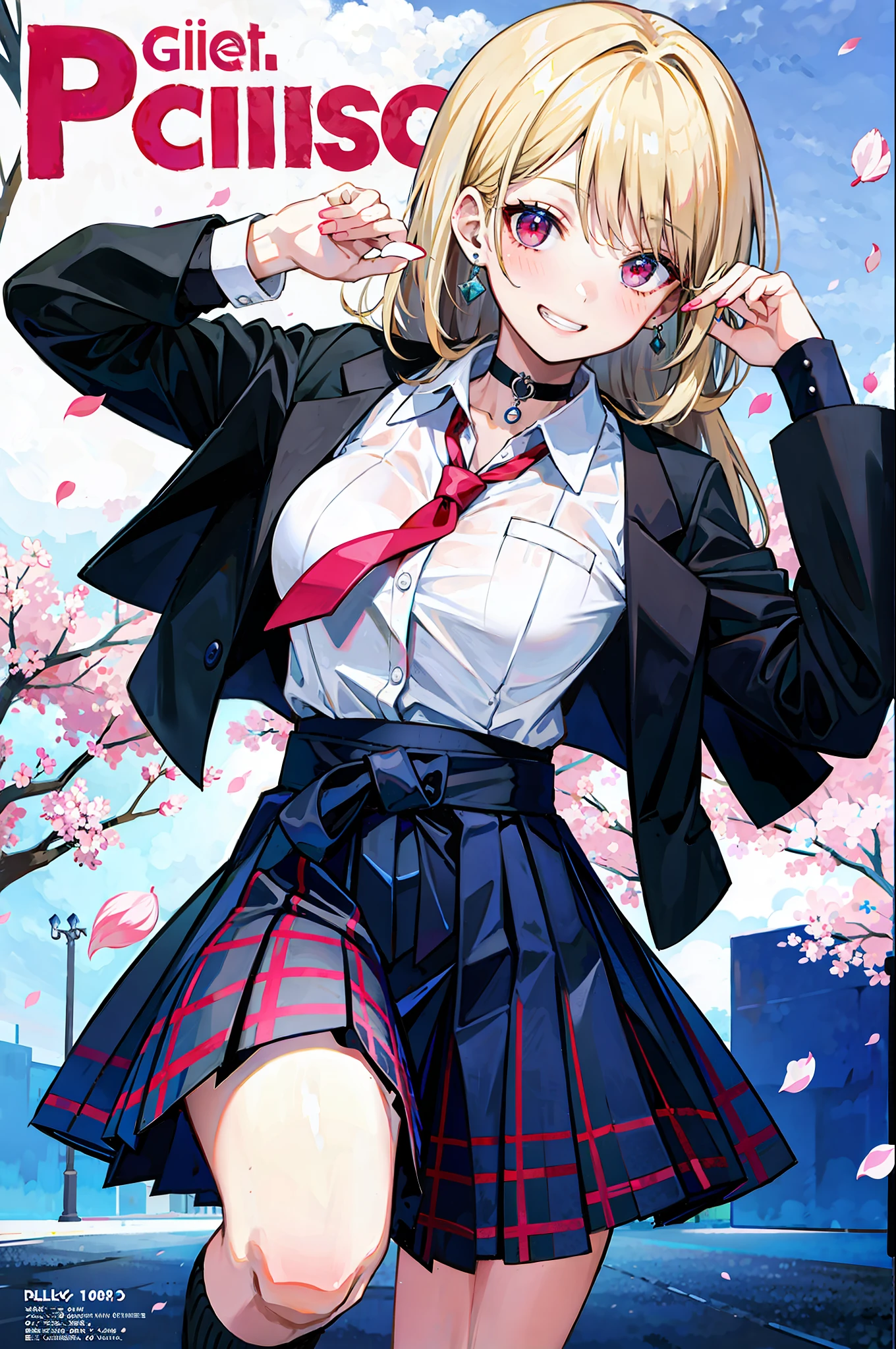 masterpiece, best quality, full body, 1girl, bangs, black choker, black necktie, blonde hair, blue skirt, blush, bracelet, breasts, choker, clothes around waist, collarbone, collared shirt, cowboy shot, dress shirt, ear piercing, eyebrows visible through hair, gradient hair, grin, gyaru, jewelry, kogal, long hair, looking at viewer, loose necktie, necktie, piercing, plaid, plaid skirt, pleated skirt, red eyes, ring, school uniform, shirt, skirt, smile, solo, white shirt, street, sky, cherry blossoms, petals,illustration, (magazine:1.3), (cover-style:1.3), fashionable, woman, vibrant, outfit, posing, front, colorful, dynamic, background, elements, confident, expression, holding, statement, accessory, majestic, coiled, around, touch, scene, text, cover, bold, attention-grabbing, title, stylish, font, catchy, headline, larger, striking, modern, trendy, focus, fashion,