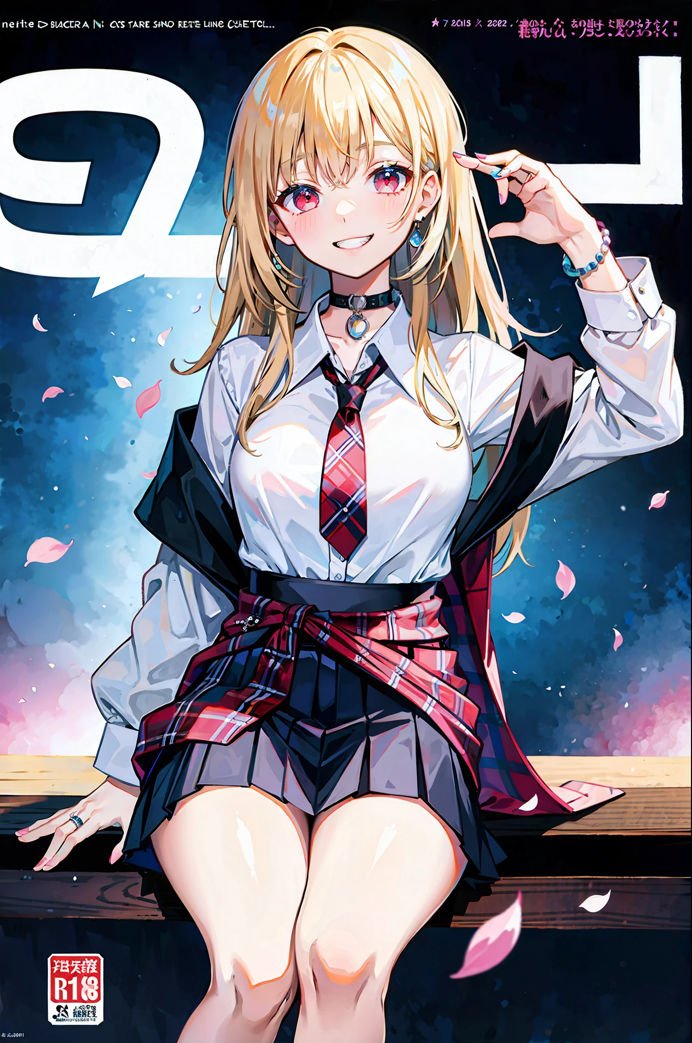 masterpiece, best quality, full body, 1girl, bangs, black choker, black necktie, blonde hair, blue skirt, blush, bracelet, breasts, choker, clothes around waist, collarbone, collared shirt, cowboy shot, dress shirt, ear piercing, eyebrows visible through hair, gradient hair, grin, gyaru, jewelry, kogal, long hair, looking at viewer, loose necktie, necktie, piercing, plaid, plaid skirt, pleated skirt, red eyes, ring, school uniform, shirt, skirt, smile, solo, white shirt, street, sky, cherry blossoms, petals,illustration, (magazine:1.3), (cover-style:1.3), fashionable, woman, vibrant, outfit, posing, front, colorful, dynamic, background, elements, confident, expression, holding, statement, accessory, majestic, coiled, around, touch, scene, text, cover, bold, attention-grabbing, title, stylish, font, catchy, headline, larger, striking, modern, trendy, focus, fashion,