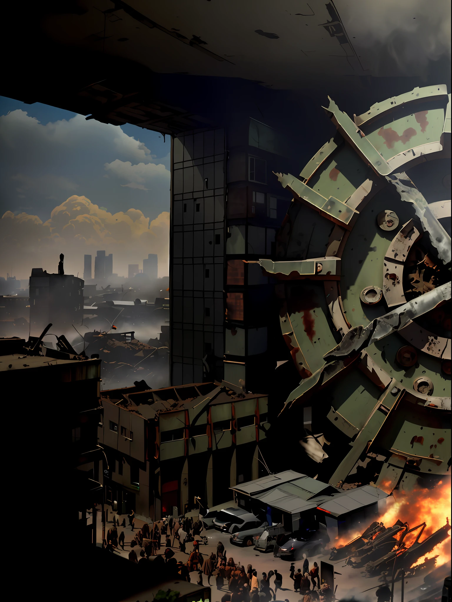 ((Maximum detail)),((photo realism)), Apocalyptic city, ((crowds of wanderers on the street)), small military vehicles, a lot of blood, smoke, toxic volumetric smoke, (realistic fog hiding people), ((destroyed buildings)), ultra-photorealistic, super detail, ((everywhere textures of rust and old metal))