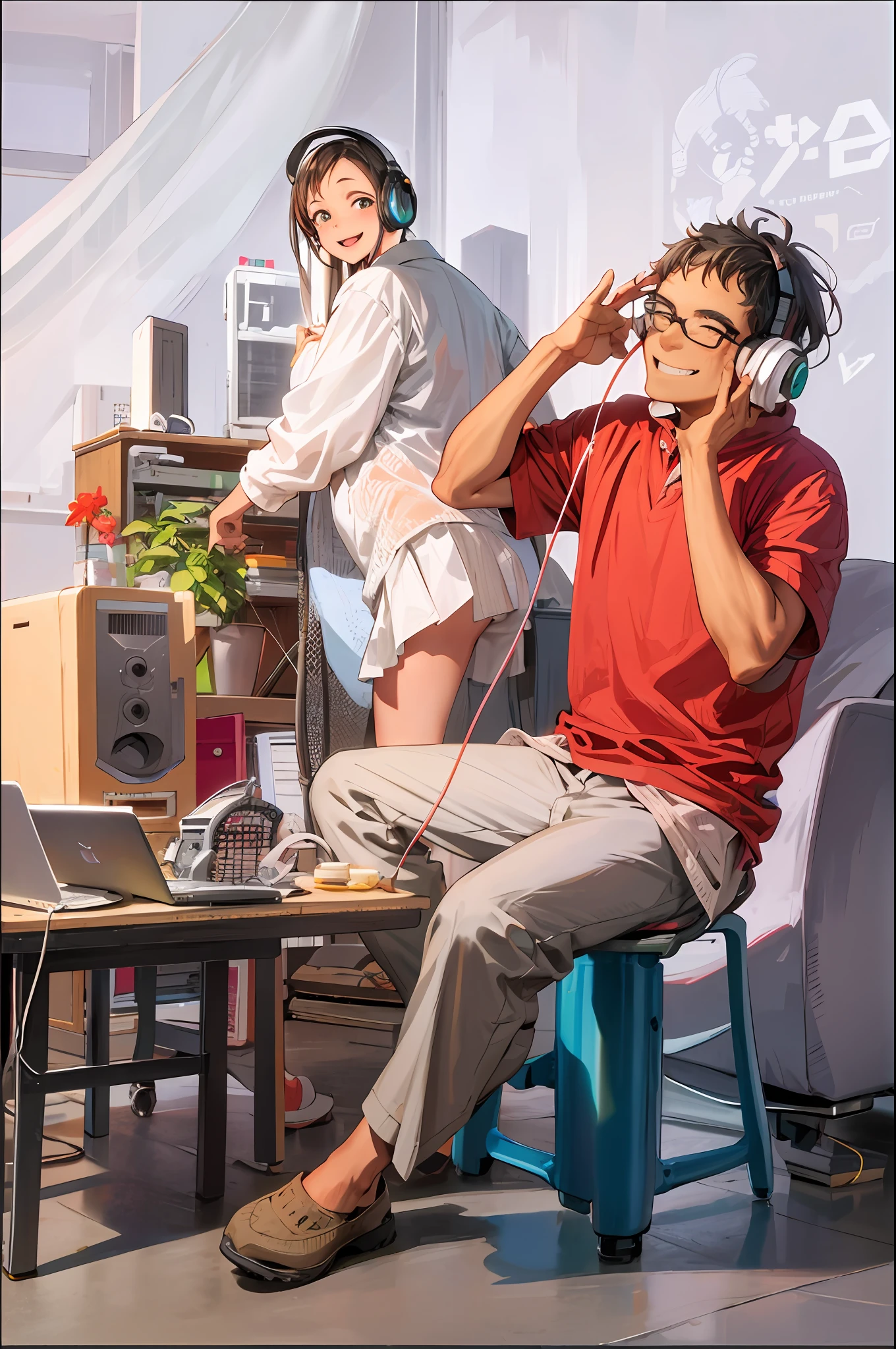 Middle-aged uncle wearing headphones happy smile, computer, keyboard, desk, girl standing behind happy smile, living room, chair, window, green plants