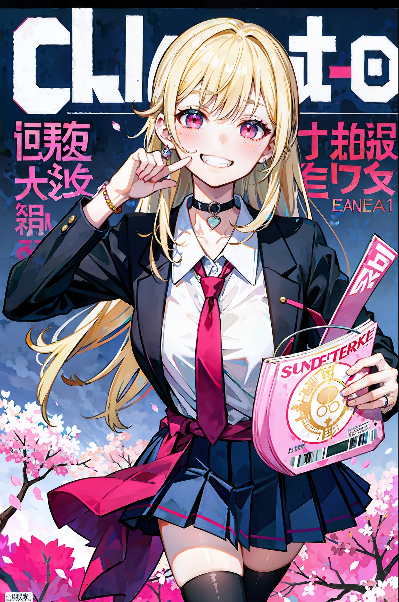 masterpiece, best quality, full body, 1girl, bangs, black choker, black necktie, blonde hair, blue skirt, blush, bracelet, breasts, choker, clothes around waist, collarbone, collared shirt, cowboy shot, dress shirt, ear piercing, eyebrows visible through hair, gradient hair, grin, gyaru, jewelry, kogal, long hair, looking at viewer, loose necktie, necktie, piercing, plaid, plaid skirt, pleated skirt, red eyes, ring, school uniform, shirt, skirt, smile, solo, white shirt, street, sky, cherry blossoms, petals,illustration, (magazine:1.3), (cover-style:1.3), fashionable, woman, vibrant, outfit, posing, front, colorful, dynamic, background, elements, confident, expression, holding, statement, accessory, majestic, coiled, around, touch, scene, text, cover, bold, attention-grabbing, title, stylish, font, catchy, headline, larger, striking, modern, trendy, focus, fashion,