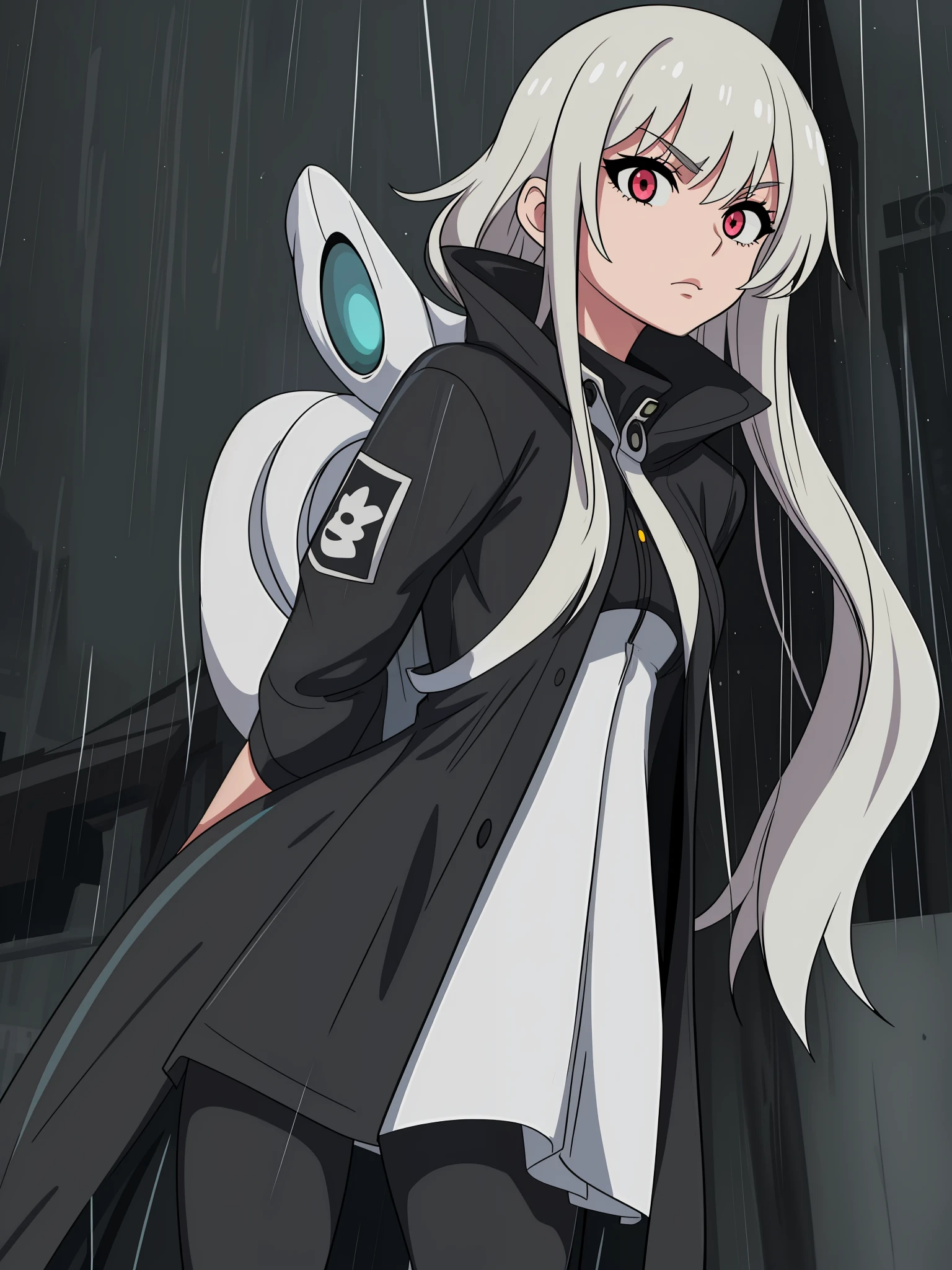 girl, rainy city,gloomy expression,skinny,raincoat,dynamic_pose,dynamic_angle,eyeliner,aura,bright,rain, gloomy(masterpiece,vibrant,detailed,highres:1.2)