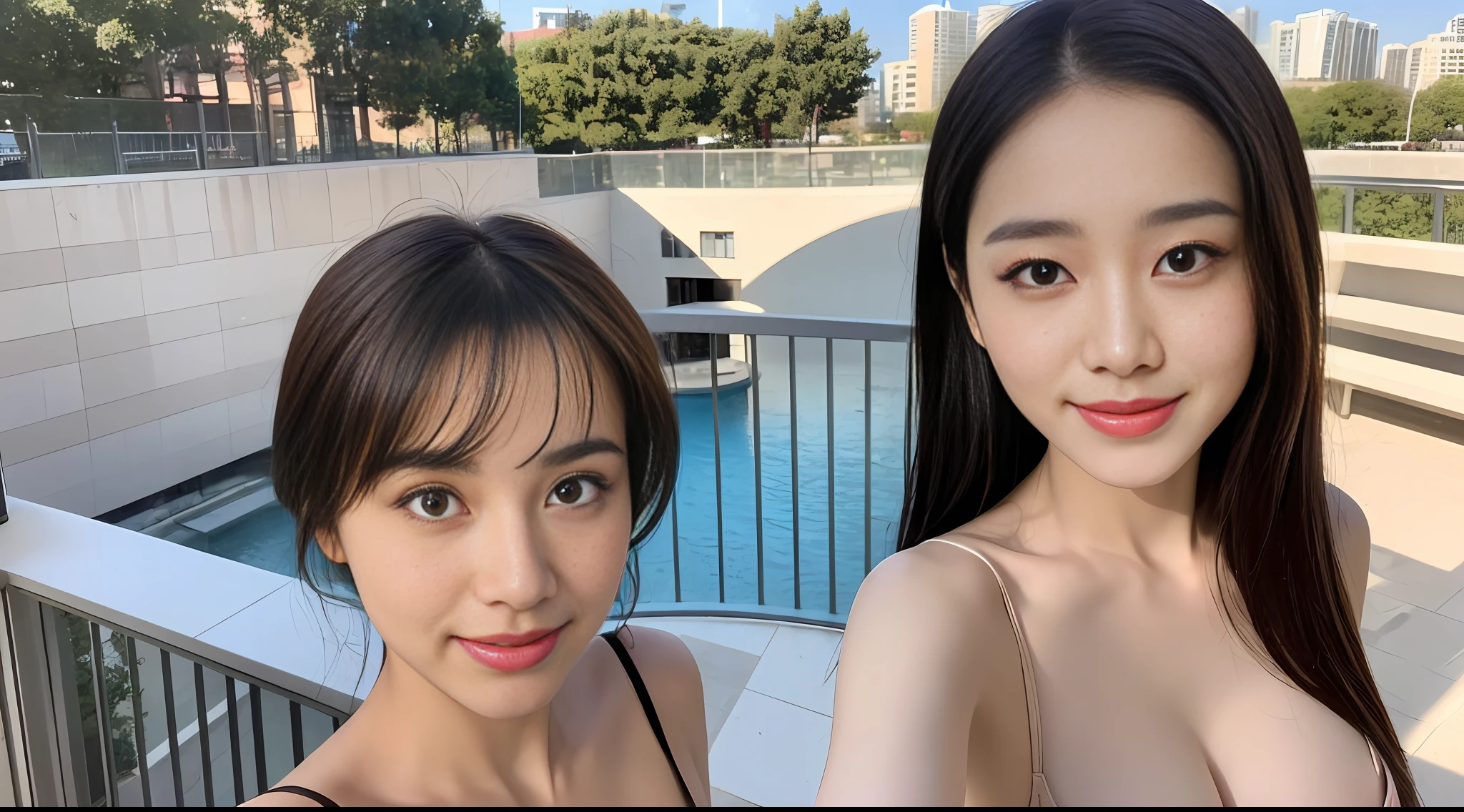 (8k, best quality, masterpiece:1.2),(best quality, 8k, masterpiece: 1.3)), selfie, sharp focus: 1.2, cute beauty with perfect figure: 1.4, slim big breasts: 1.2, (brown black, big breasts: 1.2)) , (small transparent dress, semi-nude, highly fine breasts, happy expression, Standing: 1.2), ((Daytime City, Balcony Simple: 1.3 Made with a female main focus)), Highly detailed face and skin texture, detailed eyes, double eyelids, smile, super detailed, skin whitening,