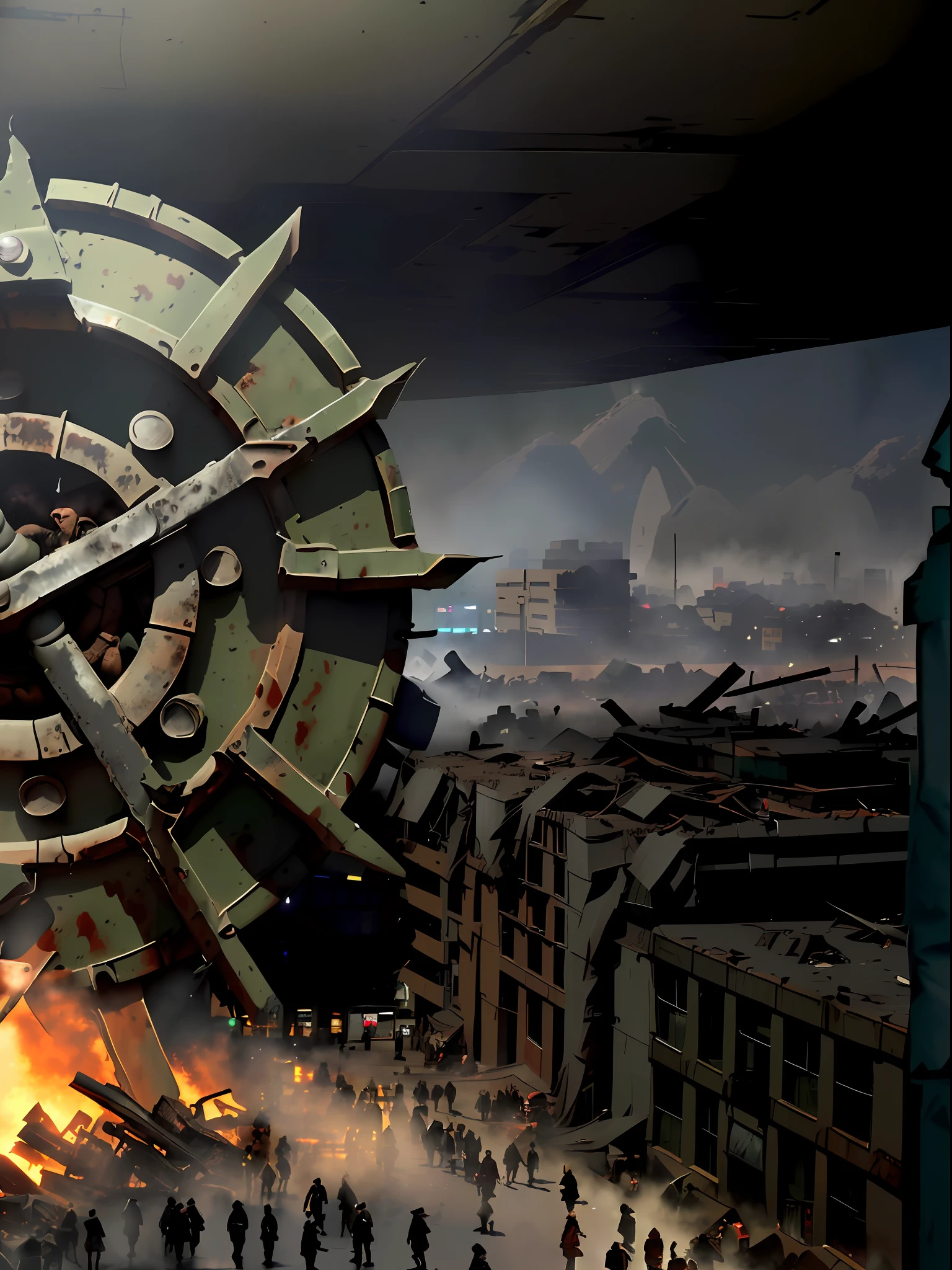 ((Maximum detail)),(photo realism)), Apocalyptic city, ((crowds of wanderers on the street)), small military vehicles, a lot of blood, smoke, toxic volumetric smoke, (realistic fog hiding people), ((destroyed buildings)), ultra-photorealistic, super detail, ((everywhere textures of rust and old metal)), ((people dressed in military uniforms or raincoats))