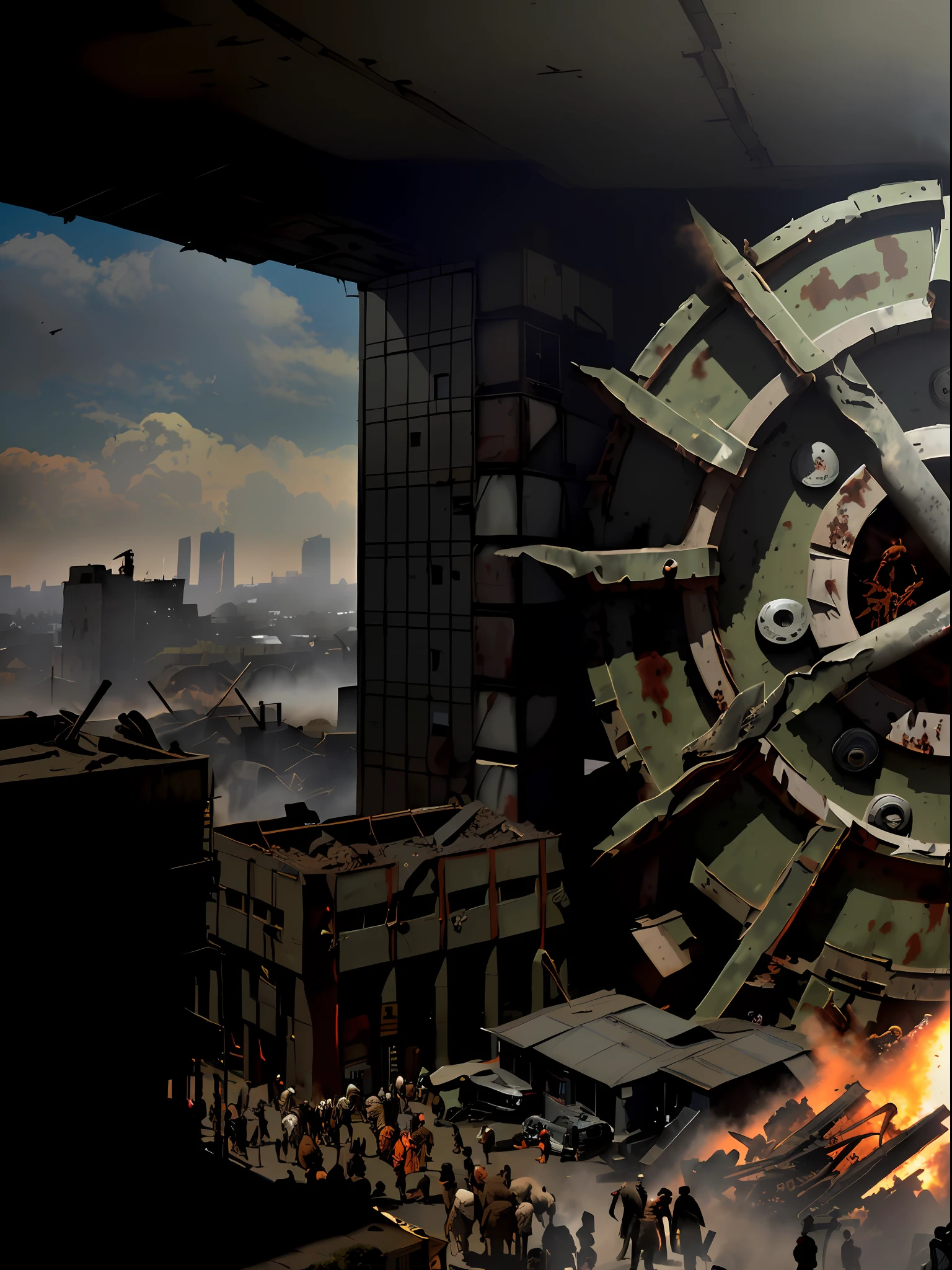((Maximum detail)),((photo realism)), Apocalyptic city, ((crowds of wanderers on the street)), small military vehicles, a lot of blood, smoke, toxic volumetric smoke, (realistic fog hiding people), ((destroyed buildings)), ultra-photorealistic, super detail, ((everywhere textures of rust and old metal))), ((people dressed in military uniforms or raincoats))