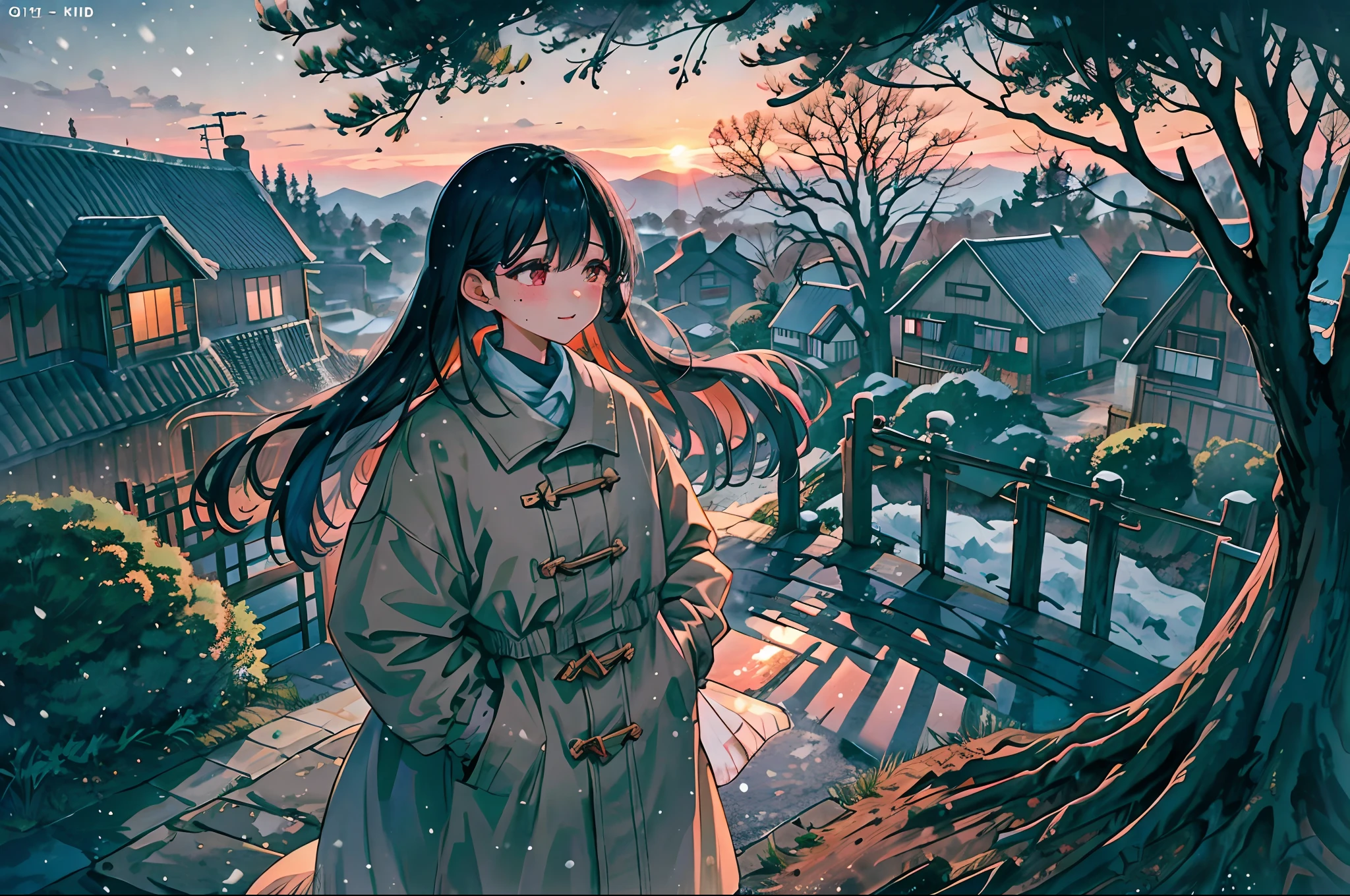 An Asian girl, Wear a large cotton jacket and cotton pants, Stand in front of a house in the countryside. There is also a big tree in front of the house, The sky is snowing, black hair, smile, light blush, mole under eye, tearing up, cinematic lighting, lens flare, cowboy shot, UHD, masterpiece, best quality