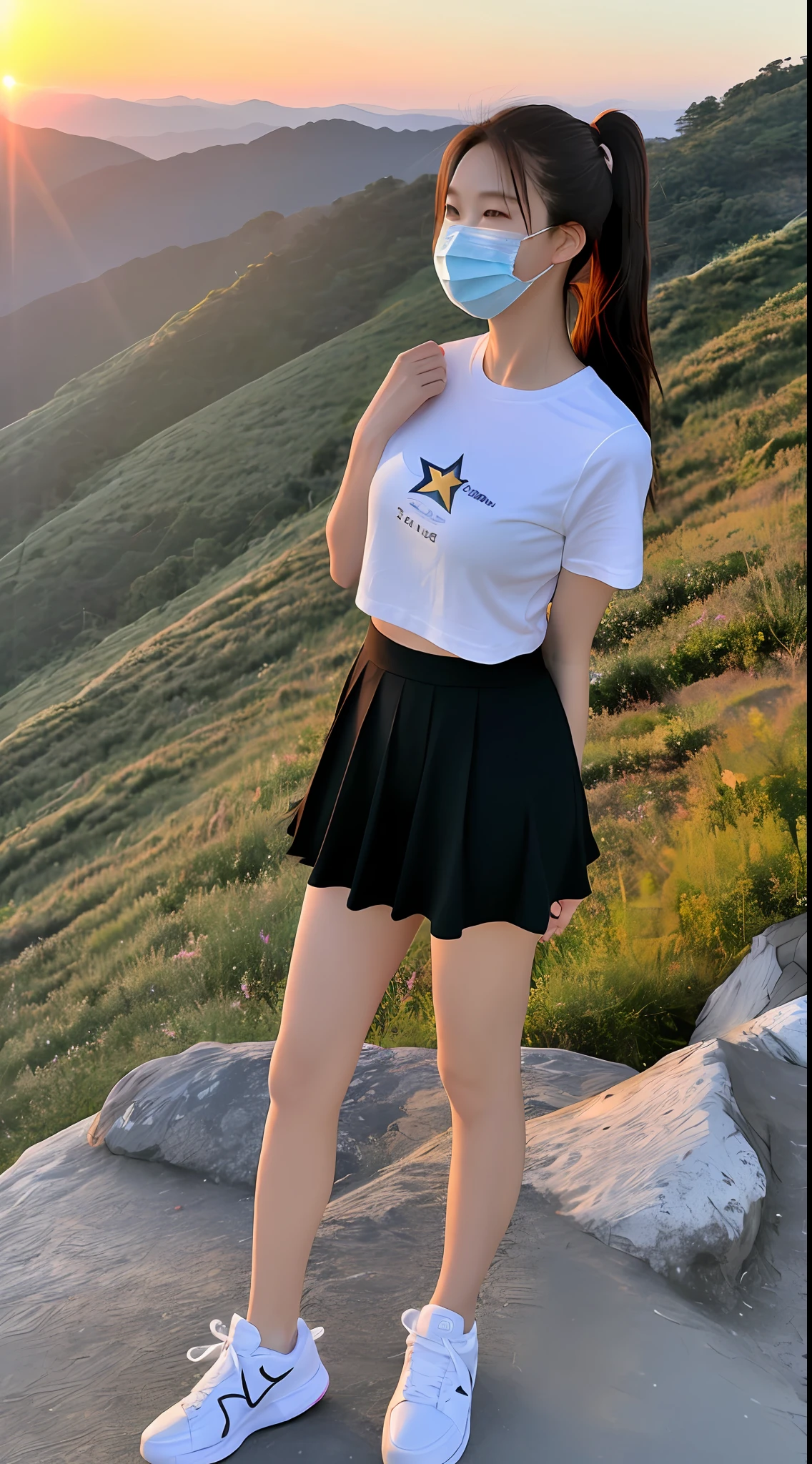 Realistic photos (1 cute Korean star), first love hair, light makeup, wearing white t-shirt, black skirt, sneakers, with mask, standing on top of a mountain to watch the sunrise, full body photo, back photo , Canon EOS clear facial features, 64K high resolution, sharp and realistic details, masterpiece