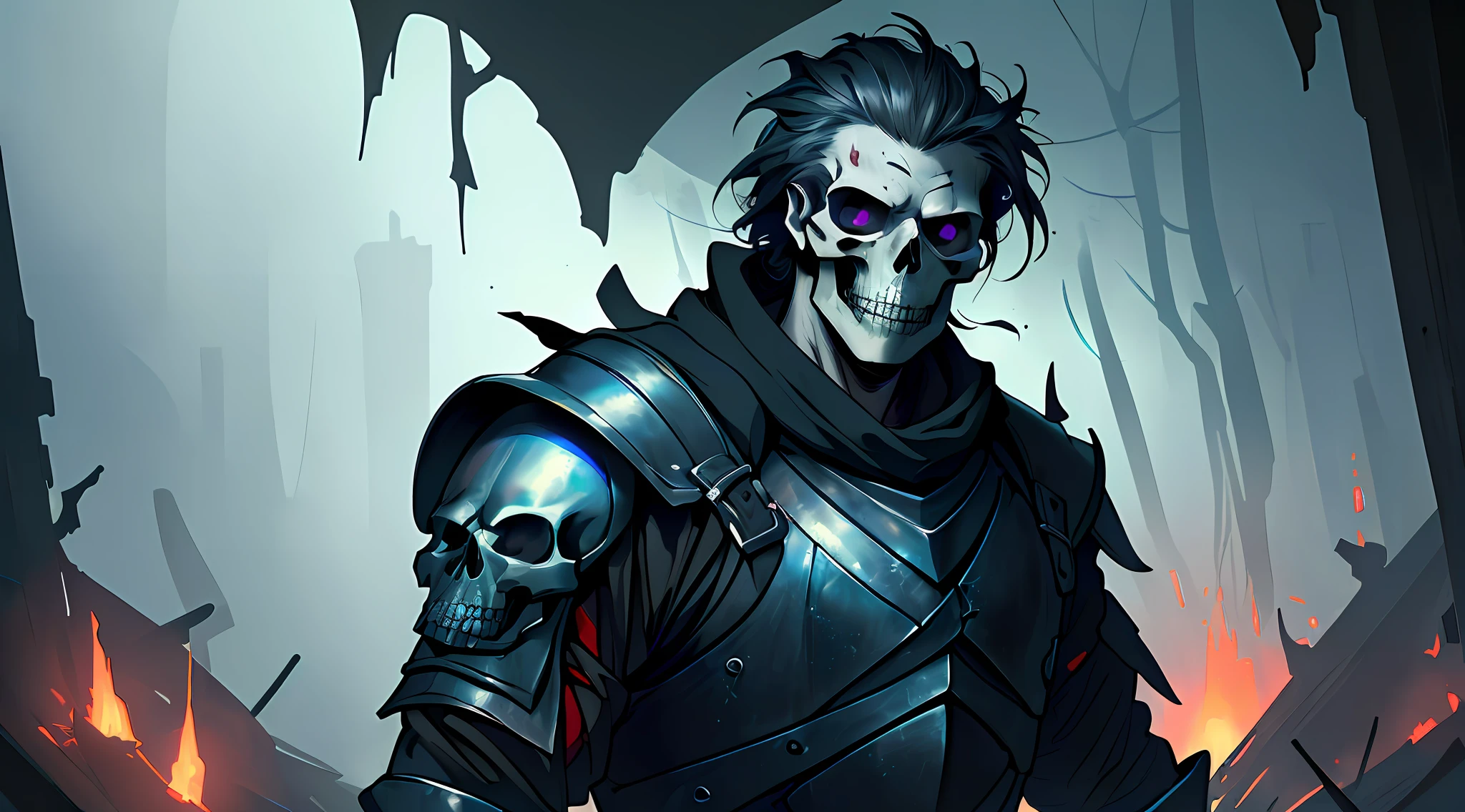 ((8k, RAW photo, best quality, masterpiece:1.4)))), ultra high resolution, ultra-detailed, illustration, a dark medieval warrior being, skull-faced, in dark lair, ((horror)), upper body, well done dark scenery, background only, intricate details, medieval place, visible dust.
