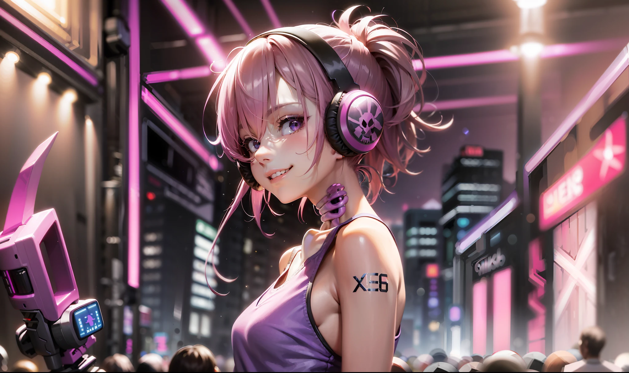 (Masterpiece, best quality: 1.2), 1 girl, pink-purple hair, side half, back to the camera, (((back body is skull skeleton spine)))), solo, headphones, cyberpunk, grinning, eyes looking at the audience, purple-pink hair, headphones, sleeveless shirt, pleated skirt, cold weapon in hand