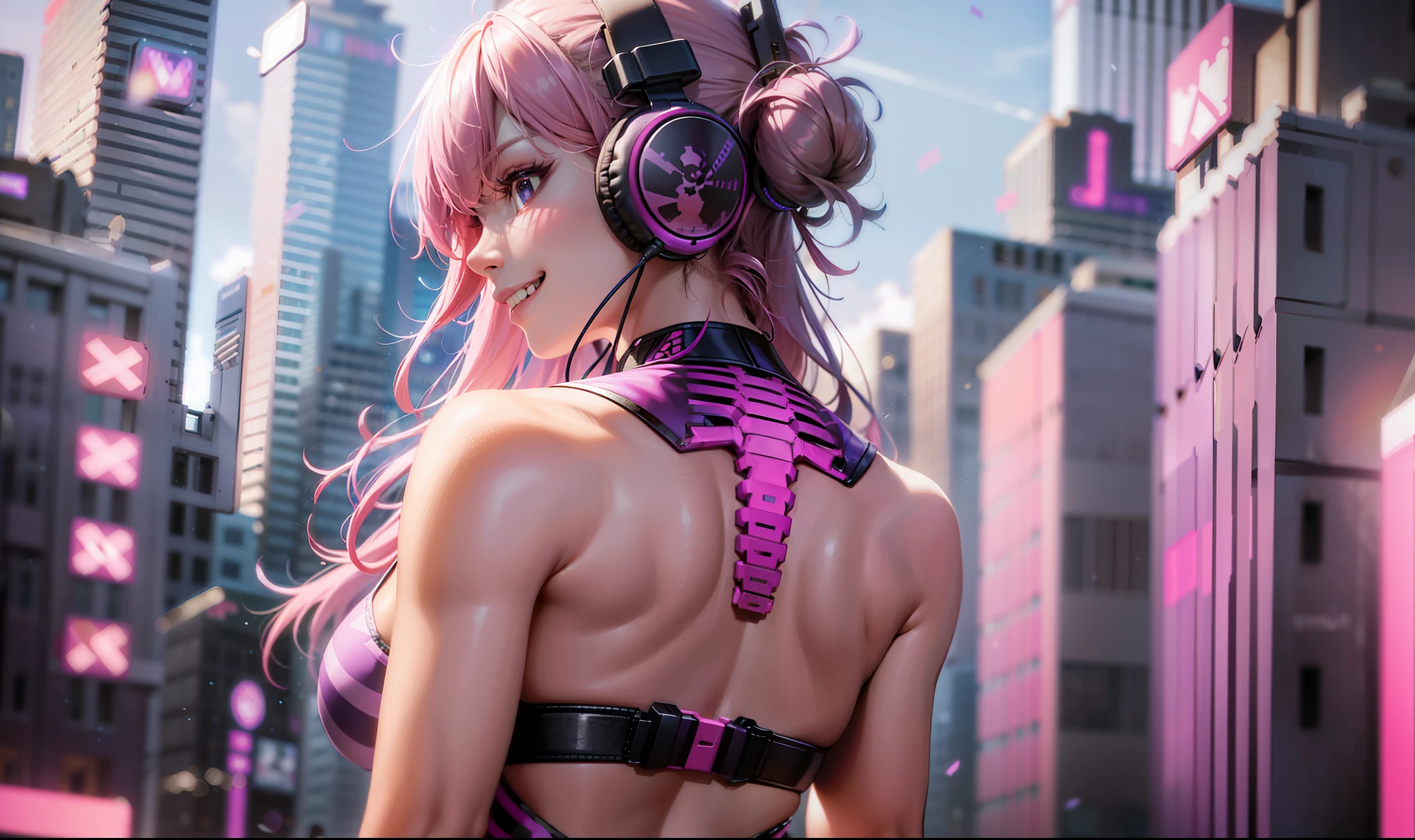 (Masterpiece, best quality: 1.2), 1 girl, pink-purple hair, side half, back to the camera, (((back body is skull skeleton spine)))), solo, headphones, cyberpunk, grinning, eyes looking at the audience, purple-pink hair, headphones, sleeveless shirt, pleated skirt, cold weapon in hand