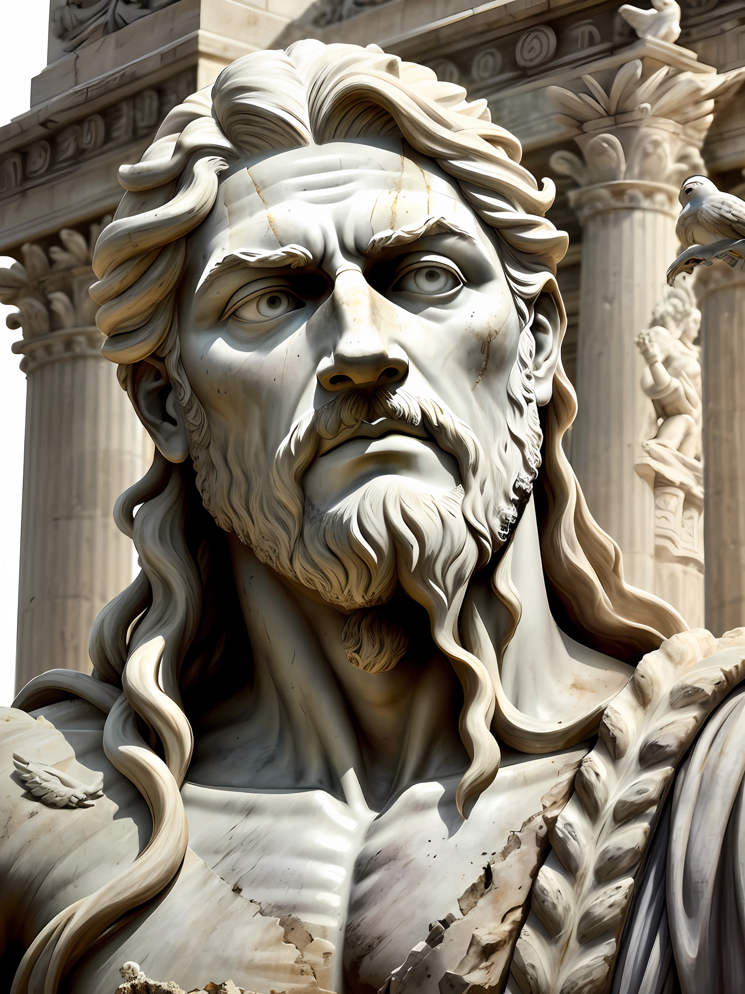 A hyper-realistic statue of man like Zeus, goddess, perfect angle, ancient dust, and his facial expressions betray deep sadness and overthinking. A background of Roman columns, petrified birds, petrified dry moss, muted and faded colors, to emphasize the seriousness of the scene, dead birds, petrified beetles
