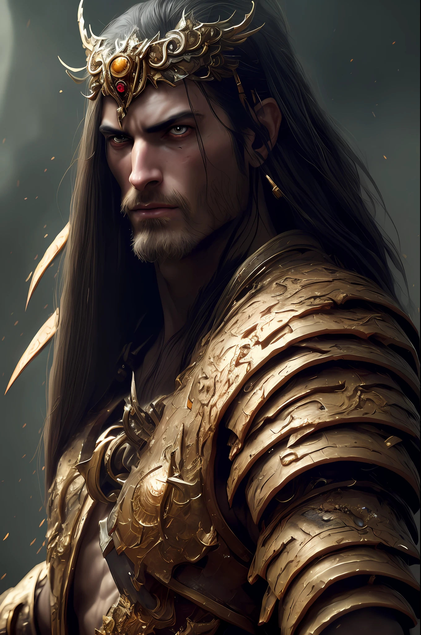 (Detailed Illustration: 1.3) of (Painting: 1.3) A (Full Body: 1.3) Shot in 8k resolution, splatter art, dreamy comic book style, realistic, intense look, anatomically realistic digital painting portrait (old male: 1.3) Human (warrior: 1.3) black and gold complex (heavy armor: 1.3) in (dark and moody universe: 1.3), light particles, very detailed skin, samurai, very detailed eyes, (elden ring style: 1.3), (warhammer style: 1.1), concept artist, global illumination, depth of field, splash art, artgerm and art by greg rutkowski and viktoria gavrilenko