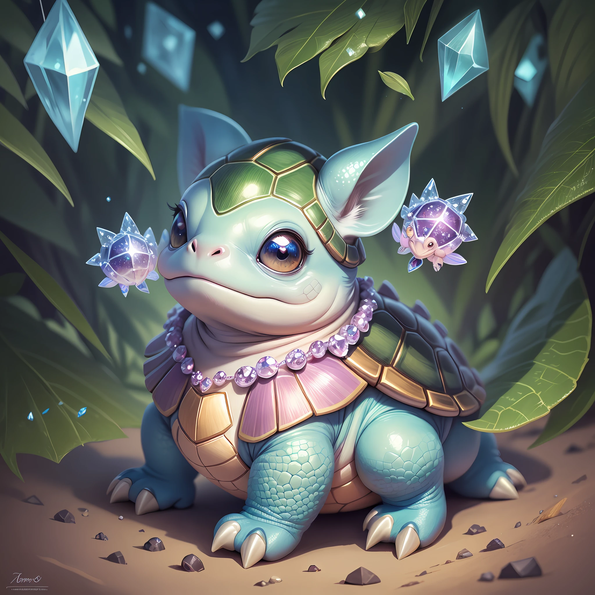Cartoon illustration of baby turtle with hoof studded in crystals, "Portrait of a cartoon animal, magical character, official illustration, cute portrait of a baby turtle with hoof studded in crystals